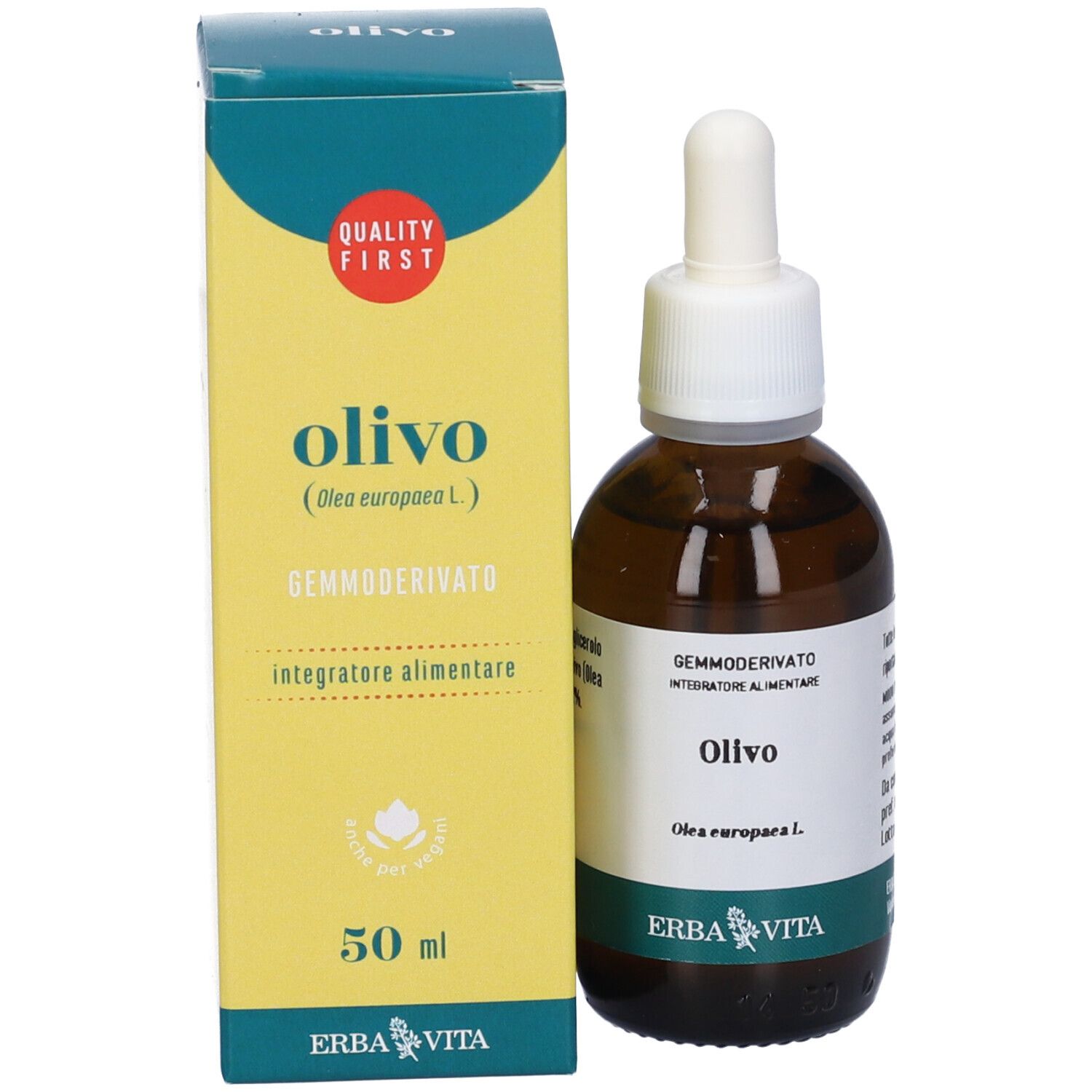 Flacone marrone con contagocce e scatola gialla. Sulla scatola, Olivo e Erba Vita.