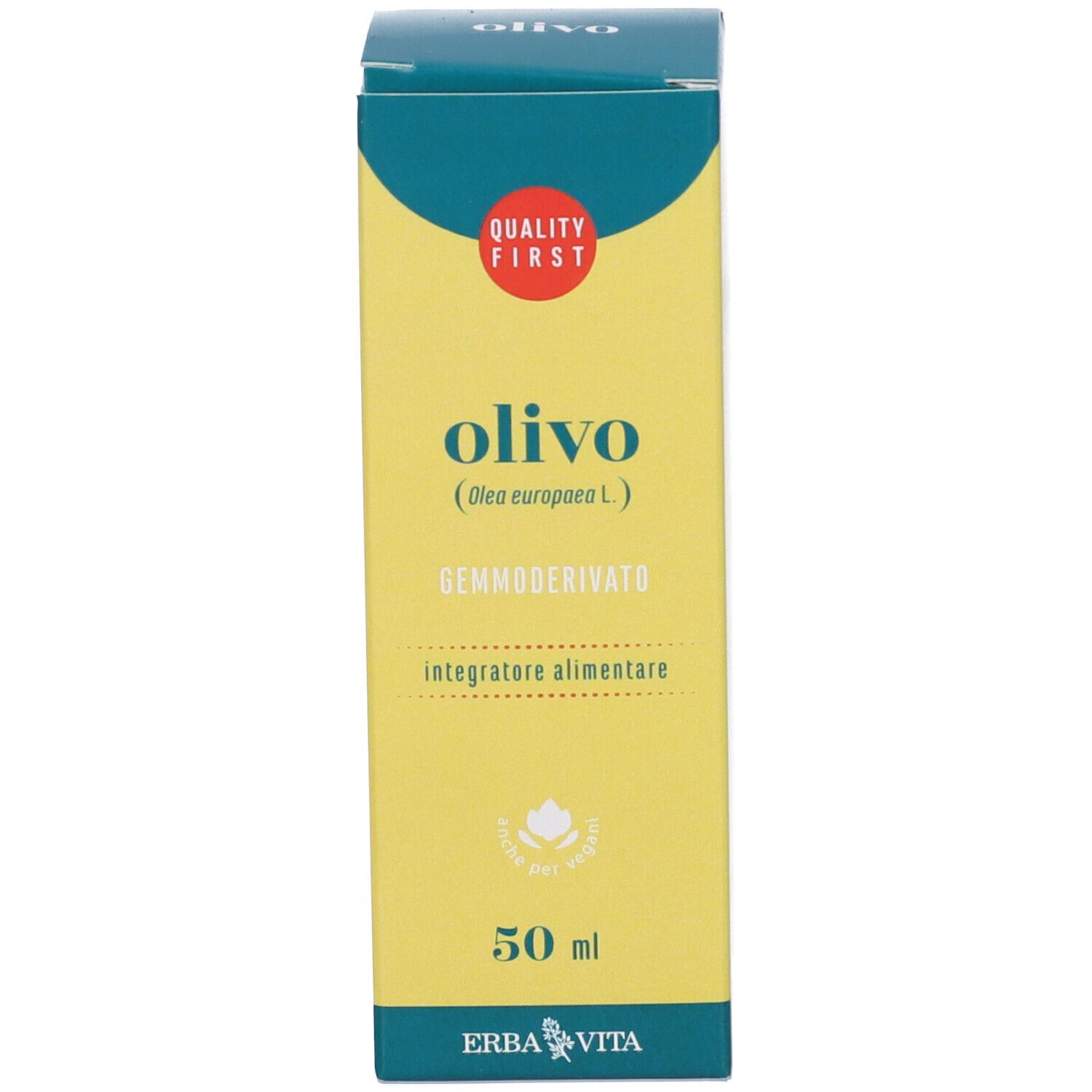 Scatola gialla con testo e logo. Sulla scatola, Olivo e Erba Vita.