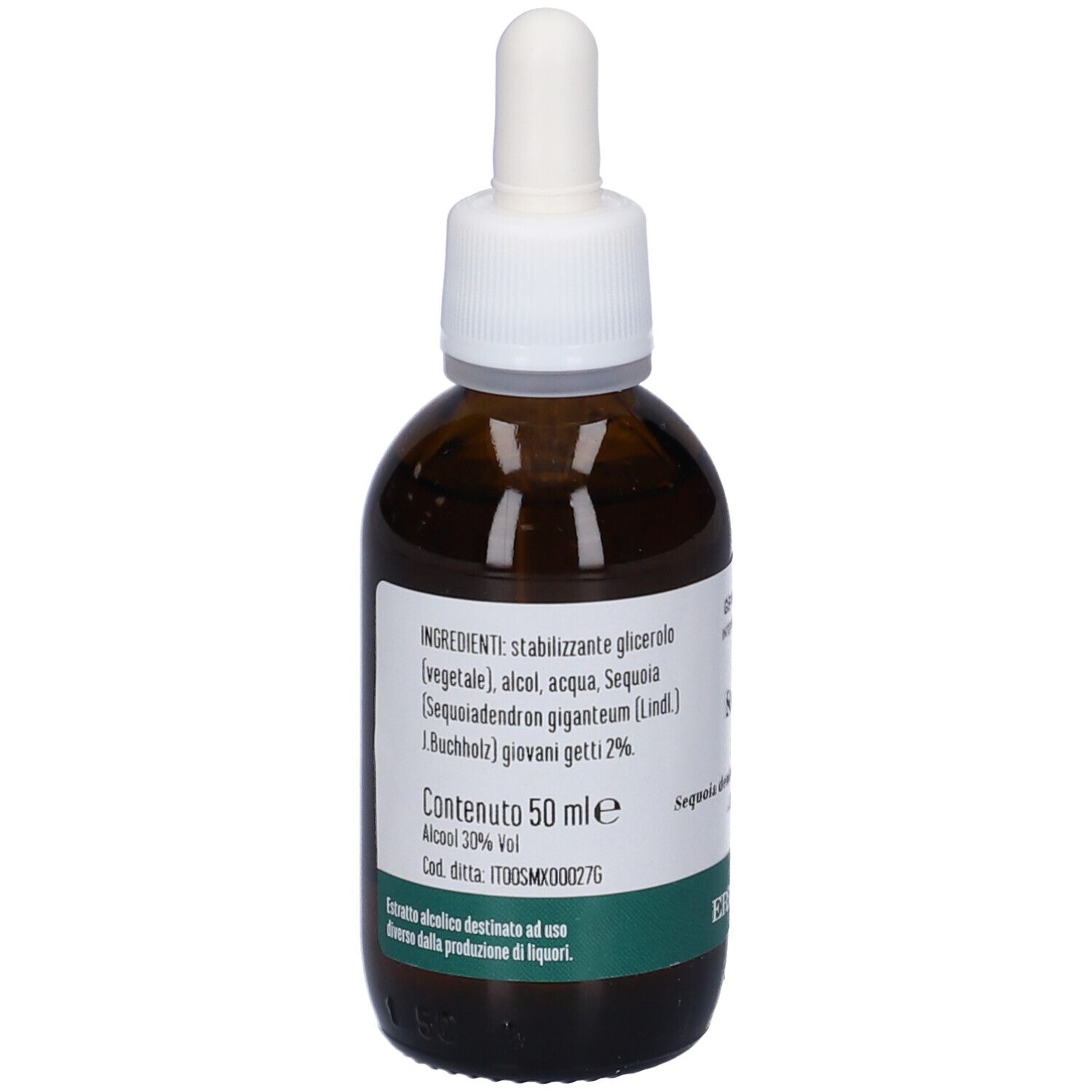 Flacone di vetro marrone con tappo bianco e pipetta. Etichetta con informazioni sul prodotto. Marchio Erba Vita. Testo: Gemmoderivato, 50 ml.