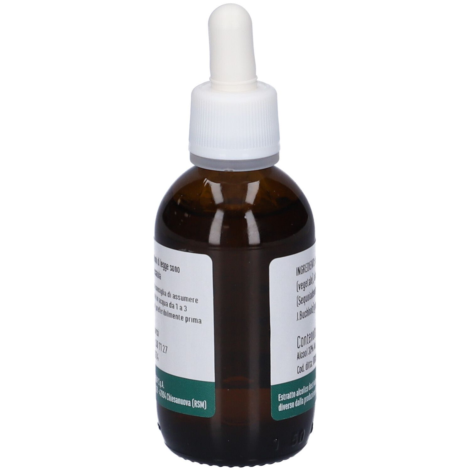 Flacone di vetro marrone con tappo bianco e pipetta. Etichetta con informazioni sul prodotto. Marchio Erba Vita. Testo: Gemmoderivato, 50 ml.