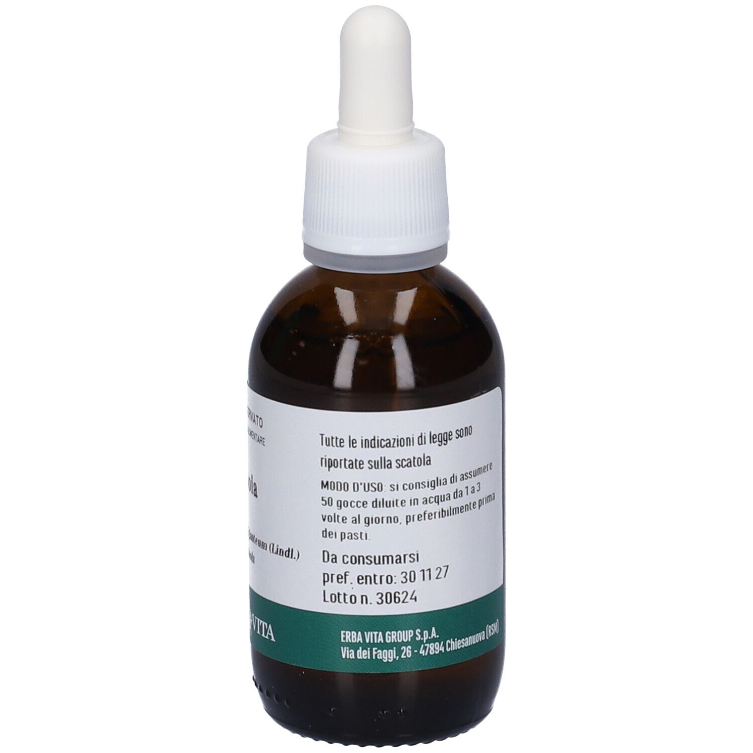 Flacone di vetro marrone con tappo bianco e pipetta. Etichetta con informazioni sul prodotto. Marchio Erba Vita. Testo: Gemmoderivato, 50 ml.