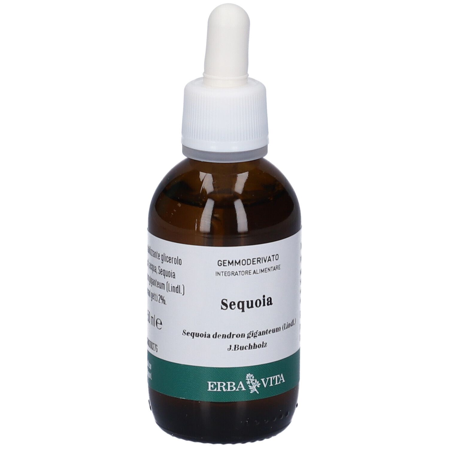 Flacone di vetro marrone con tappo bianco e pipetta. Etichetta con informazioni sul prodotto. Marchio Erba Vita. Testo: Gemmoderivato, 50 ml.