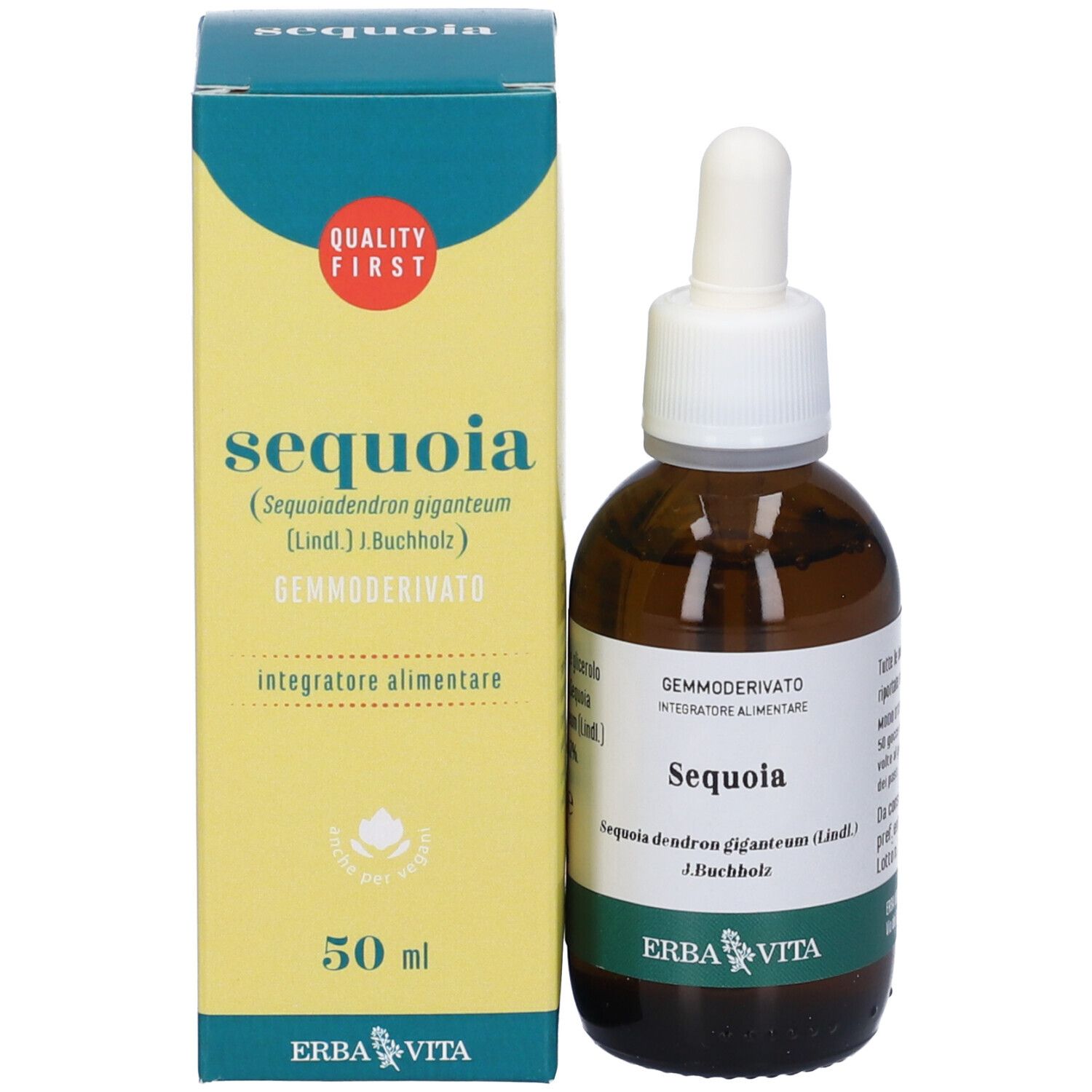 Flacone e confezione del prodotto. Flacone marrone con pipetta, confezione gialla. Testo: Sequoia, 50 ml, Erba Vita, Quality First.