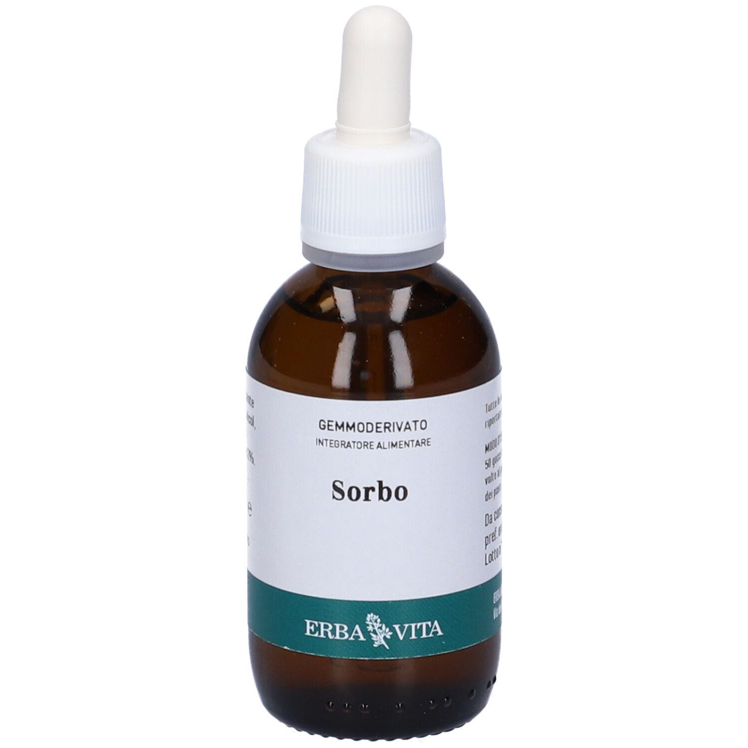Flacone di vetro marrone con contagocce bianco. Etichetta: Sorbo, Gemmoderivato, Erba Vita.