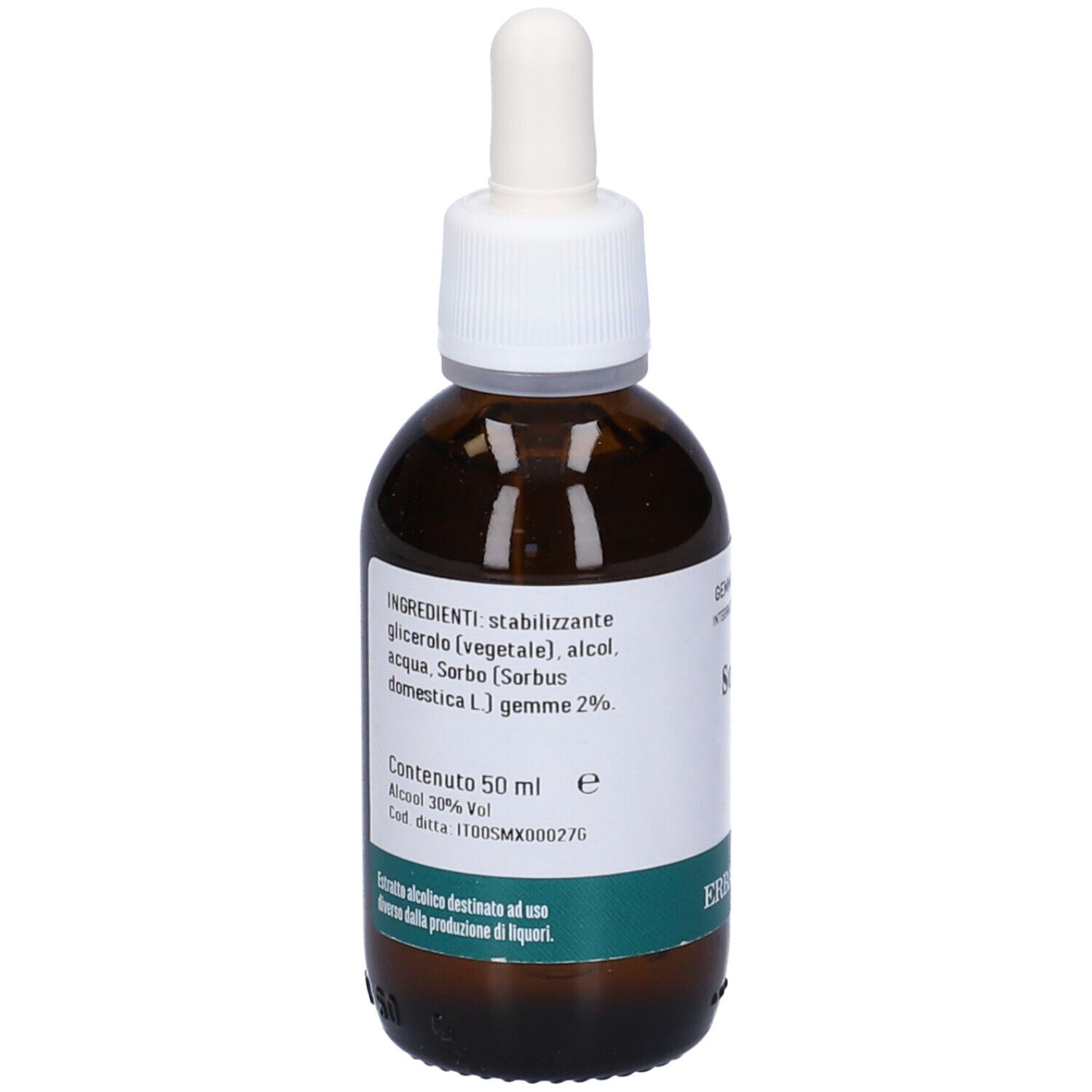 Flacone di vetro marrone con contagocce bianco. Etichetta con ingredienti e testo: Sorbo, Erba Vita.