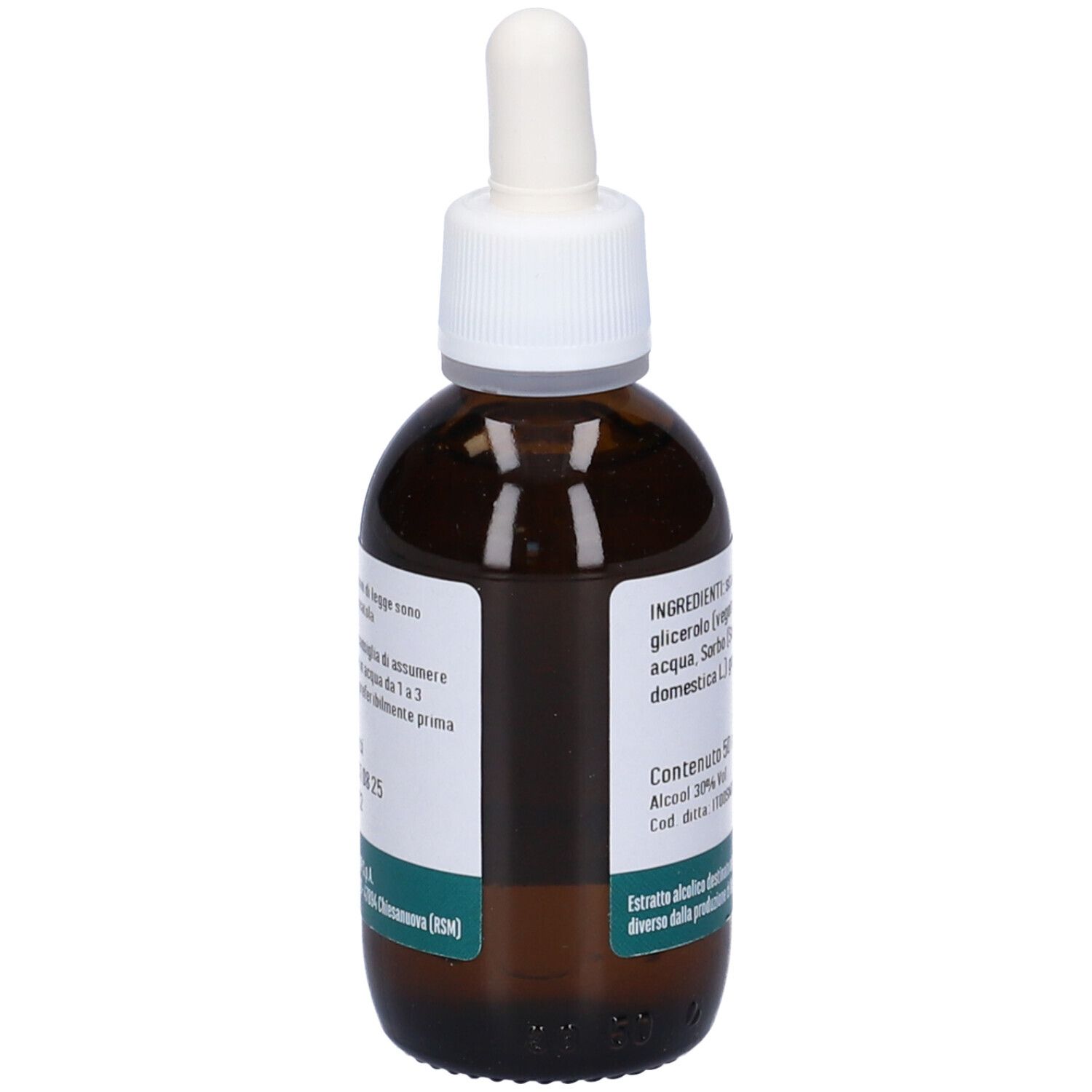 Flacone di vetro marrone con contagocce bianco. Etichetta con testo: Sorbo, Erba Vita. Contiene 50 ml.