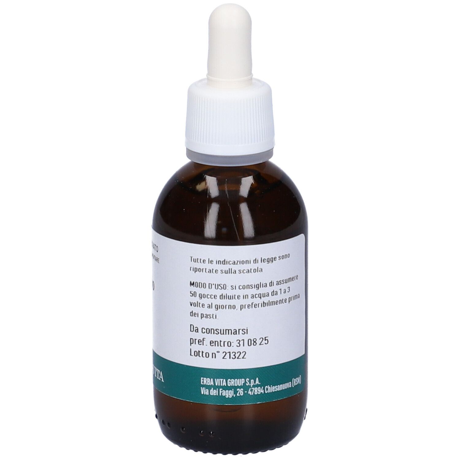 Flacone di vetro marrone con contagocce bianco. Etichetta con testo: Sorbo, Erba Vita. Contiene 50 ml.