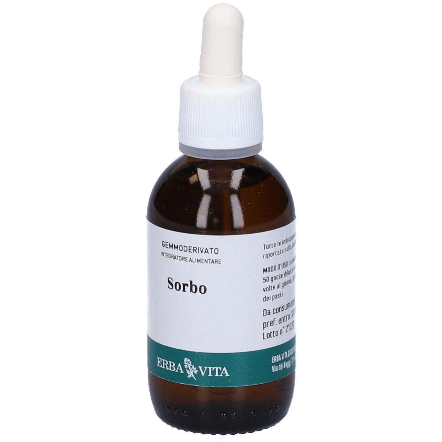 Flacone di vetro marrone con contagocce bianco. Etichetta con testo: Sorbo, Erba Vita. Contiene 50 ml.