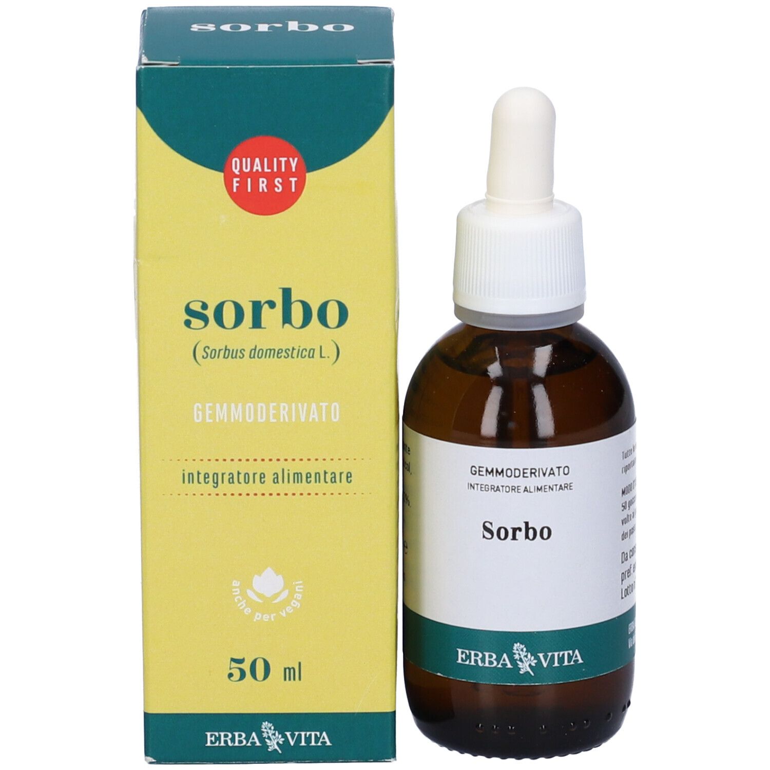 Flacone di vetro marrone con contagocce bianco e scatola giallo-verde. Testo: Sorbo, 50 ml, Erba Vita.