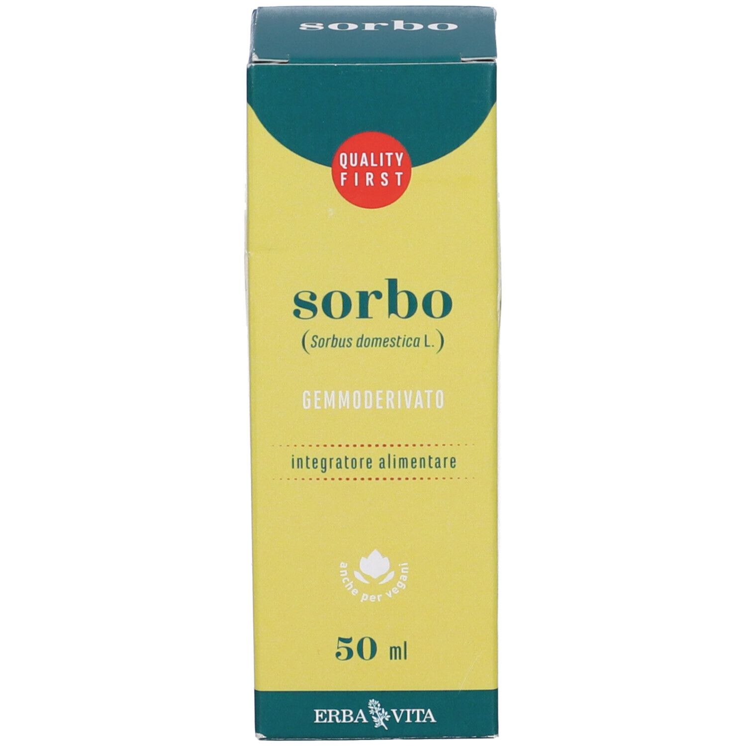 Scatola giallo-verde con testo: Sorbo, 50 ml, Erba Vita. Contiene un flacone di vetro marrone.