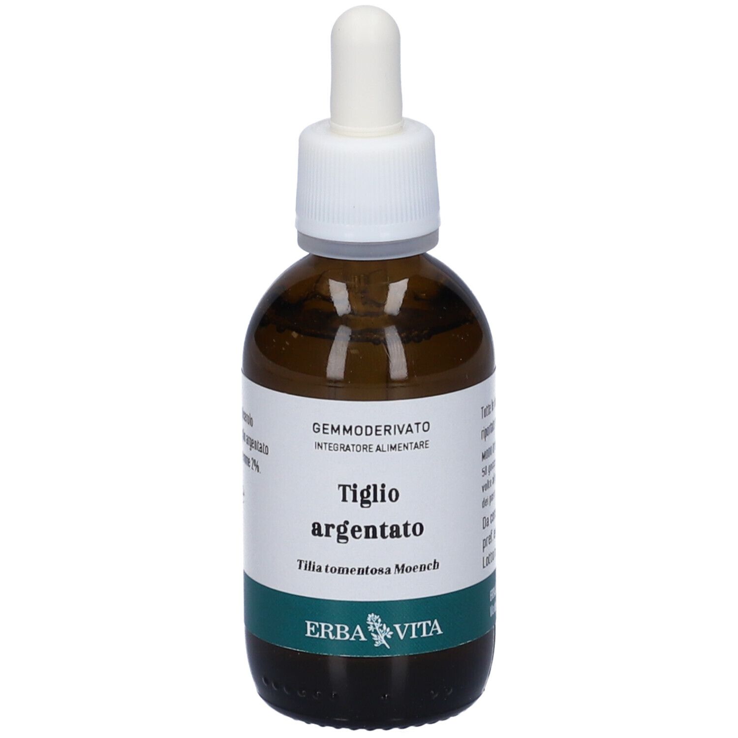 Flacone di vetro marrone con pipetta. Etichetta con nome del prodotto e logo. Testo: Tiglio Argentato, Gemmoderivato.