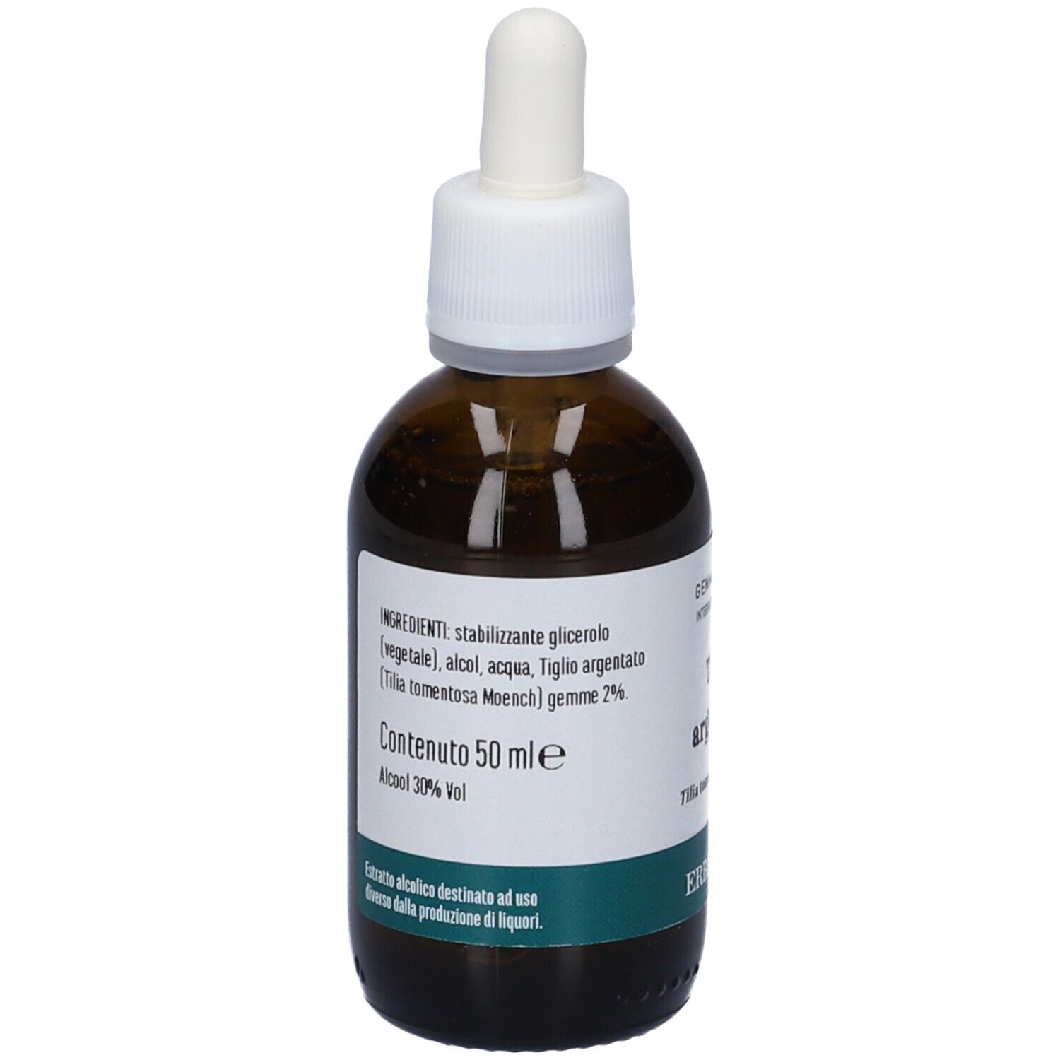 Flacone di vetro marrone con pipetta. Etichetta con ingredienti e logo. Testo: Contenuto 50 ml, Alcool 30% Vol.