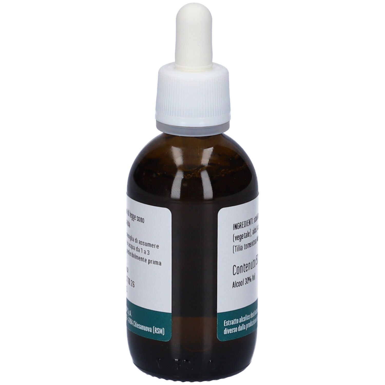Flacone di vetro marrone con pipetta. Etichetta con informazioni e logo. Testo: Contenuto 50 ml, Alcool 30% Vol.