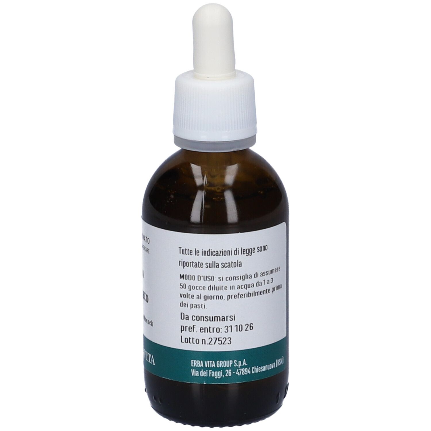 Flacone di vetro marrone con pipetta. Etichetta con informazioni e logo. Testo: Modo d'uso, Erba Vita.