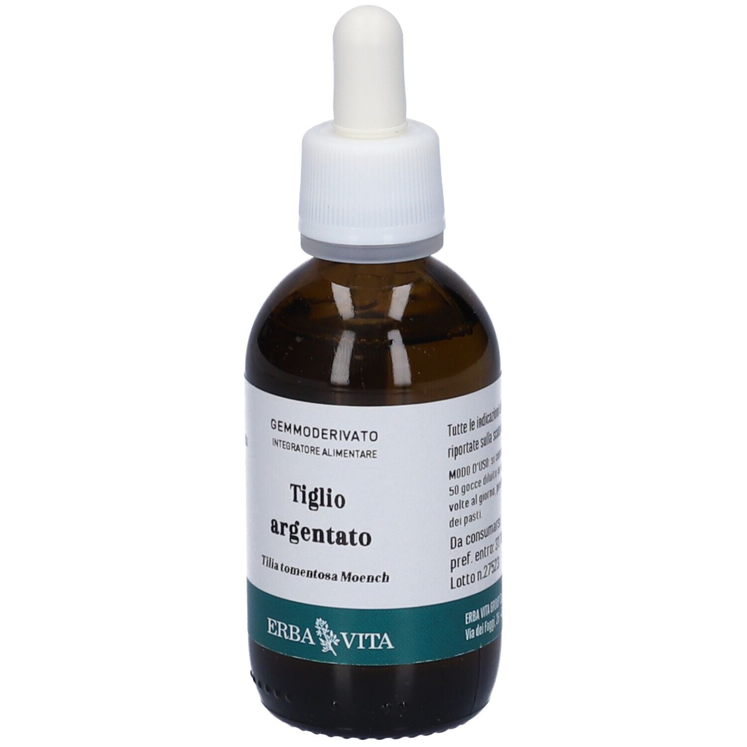 Flacone di vetro marrone con pipetta. Etichetta con nome del prodotto e logo. Testo: Tiglio Argentato, Erba Vita.