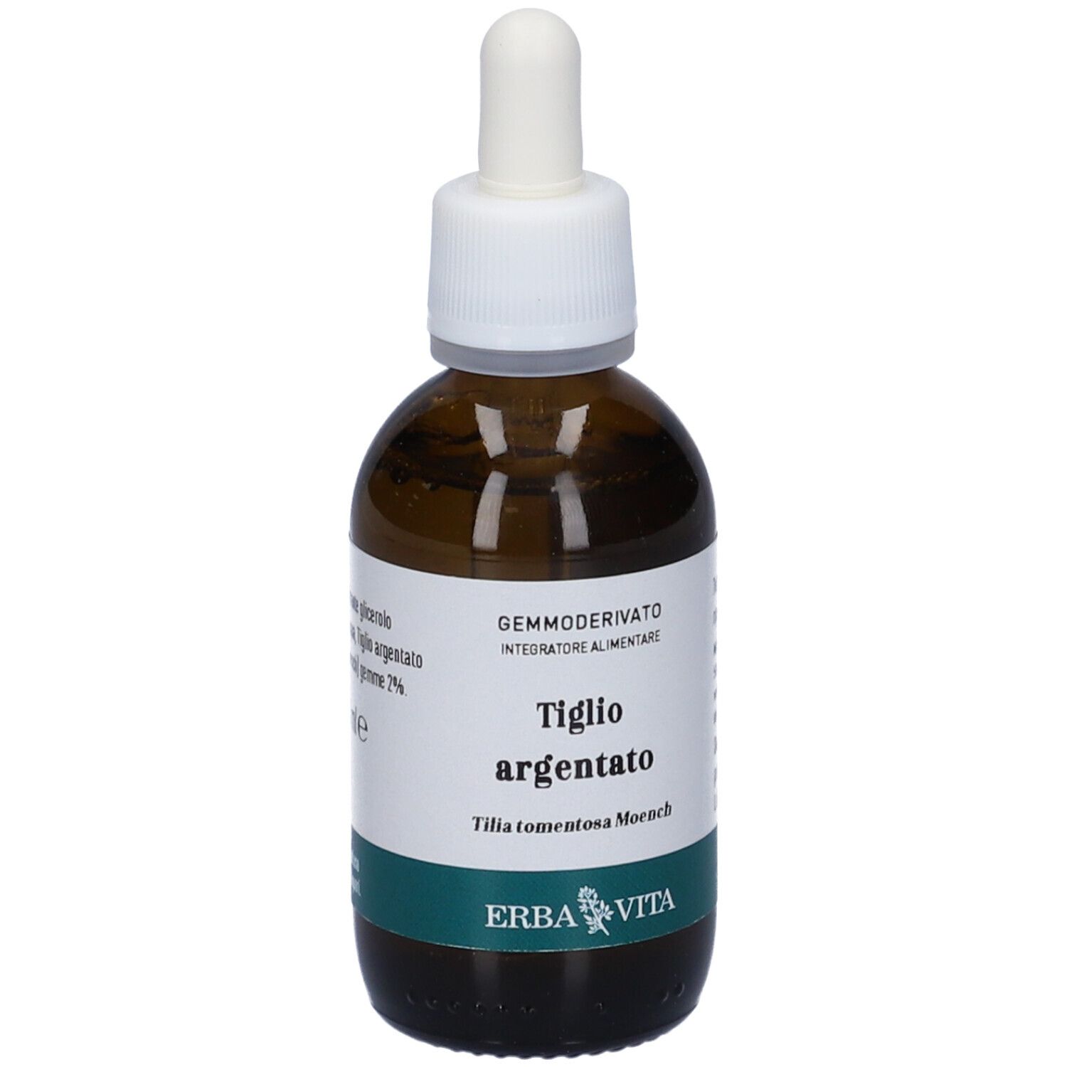 Flacone di vetro marrone con pipetta. Etichetta con nome del prodotto e logo. Testo: Tiglio Argentato, Erba Vita.