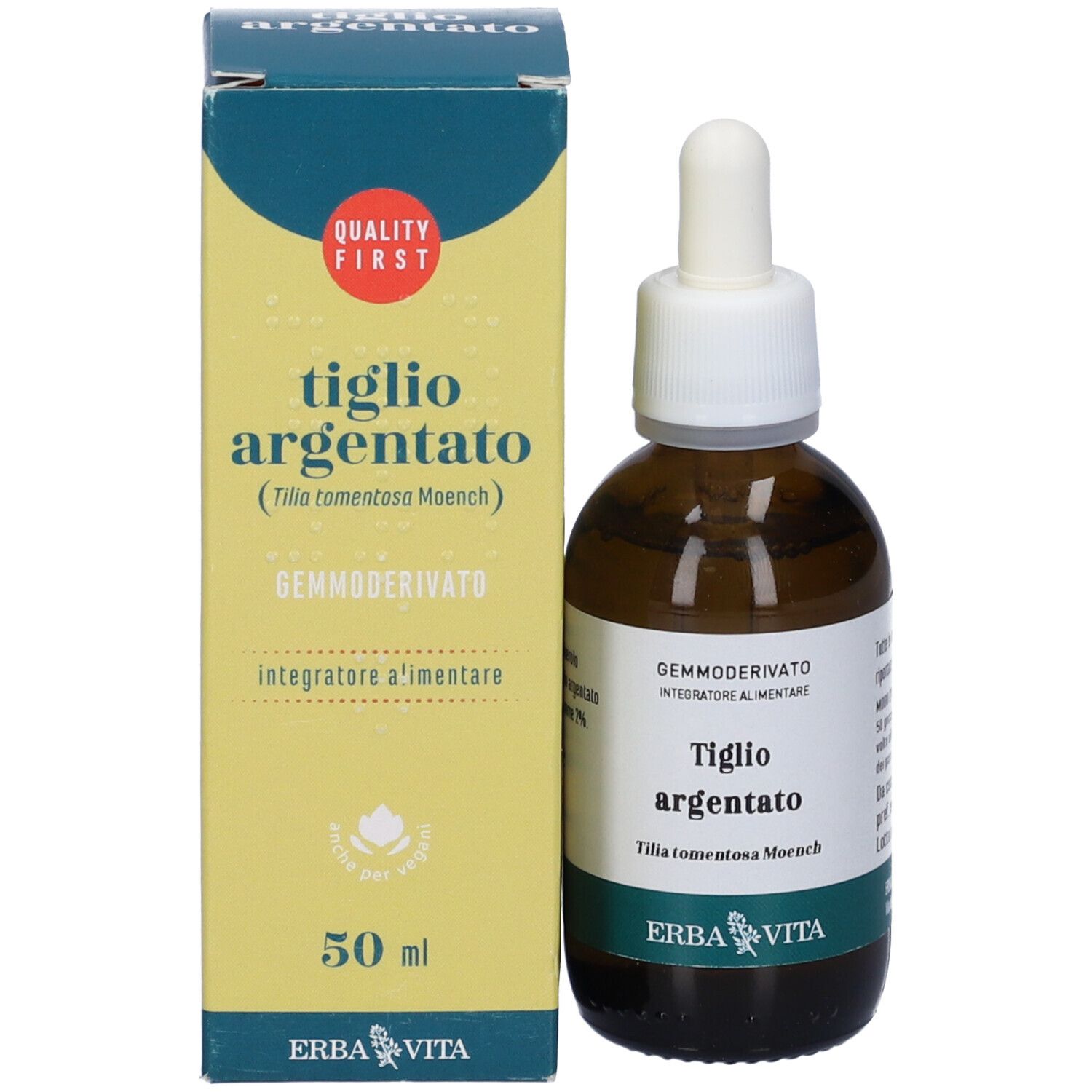 Flacone e confezione del prodotto. Testo: Tiglio Argentato, Gemmoderivato, 50 ml, Erba Vita.