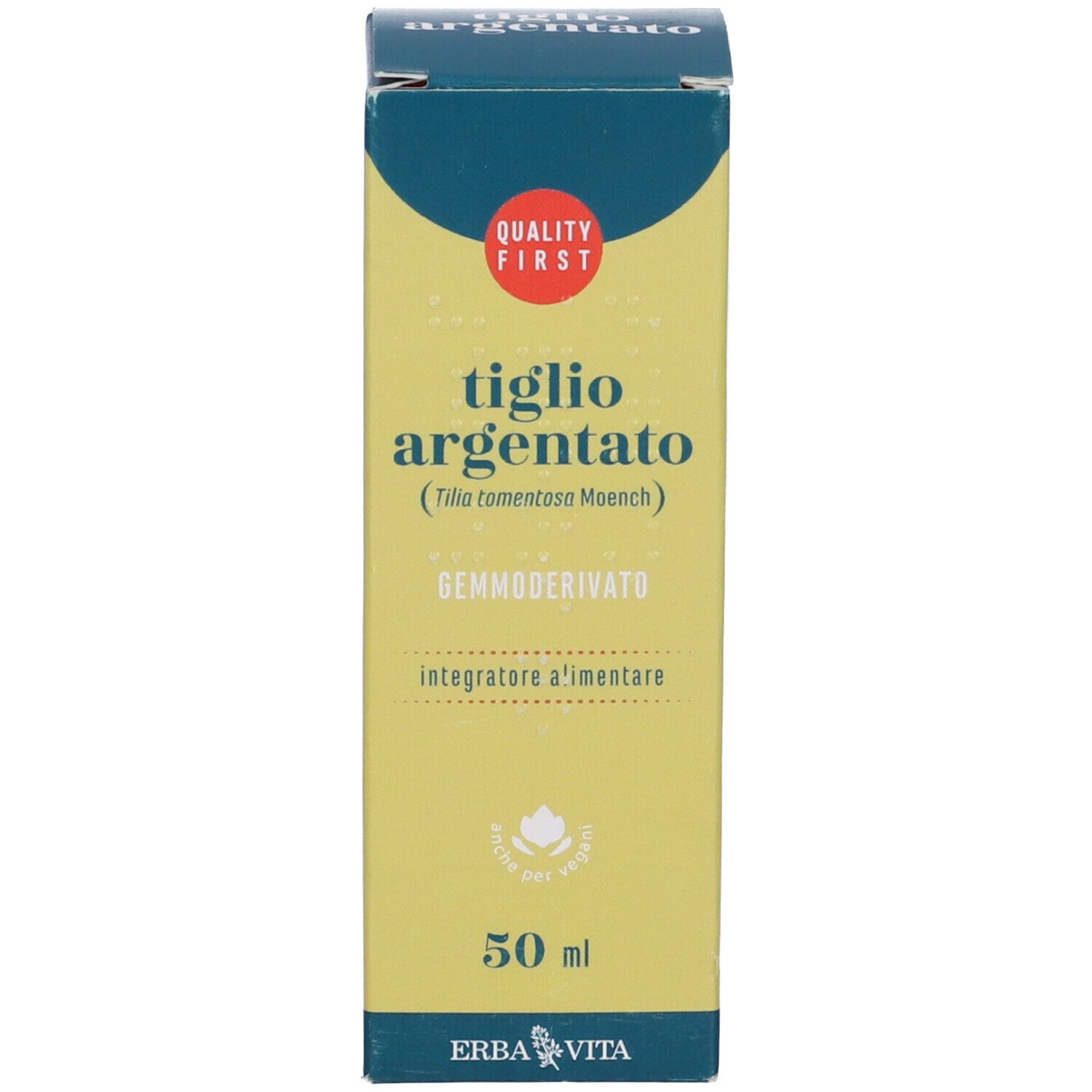 Confezione in cartone con nome del prodotto e logo. Testo: Tiglio Argentato, Gemmoderivato, 50 ml, Erba Vita.