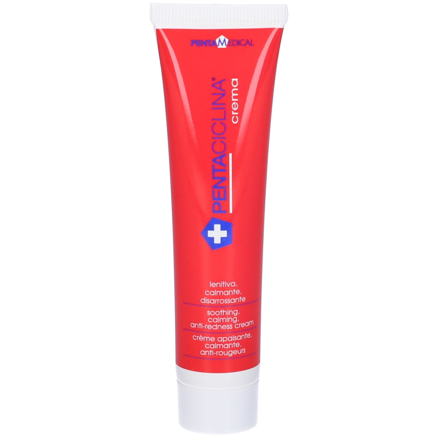 Tubo rosso con scritta bianca: PENTACICLINA CREMA. Croce blu. Marchio: Penta Medical. Testo: lenitivo, anti-rossore.