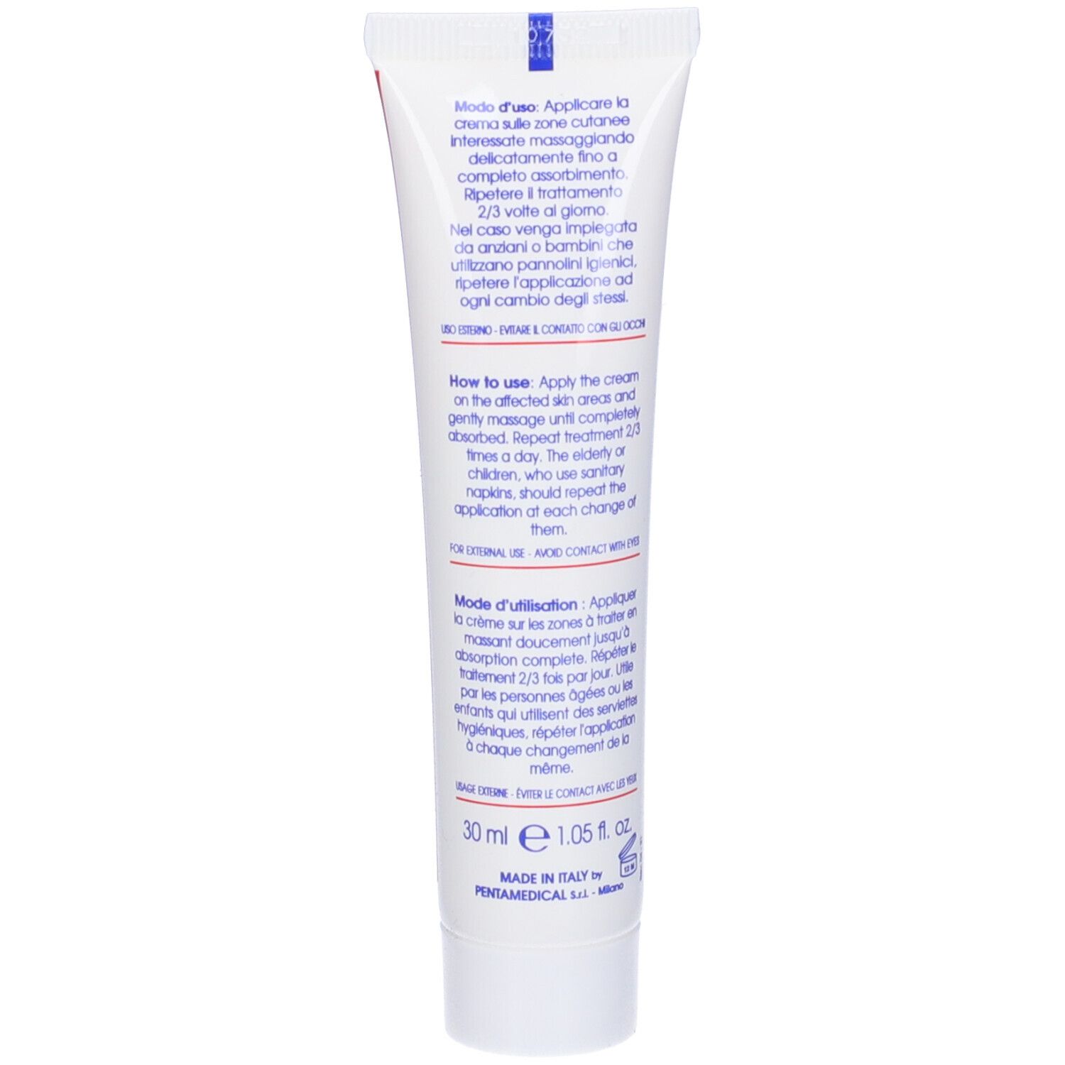 Retro del tubo. Testo in italiano e inglese. Volume: 30 ml. Produttore: Made in Italy.