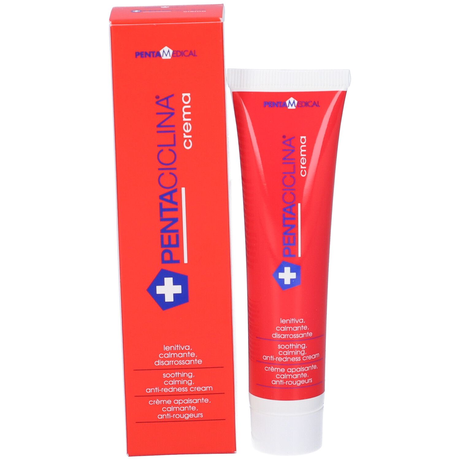 Scatola e tubo. Scritta: PENTACICLINA CREMA. Colori rosso e bianco. Marchio: Penta Medical. Testo: lenitivo, anti-rossore.