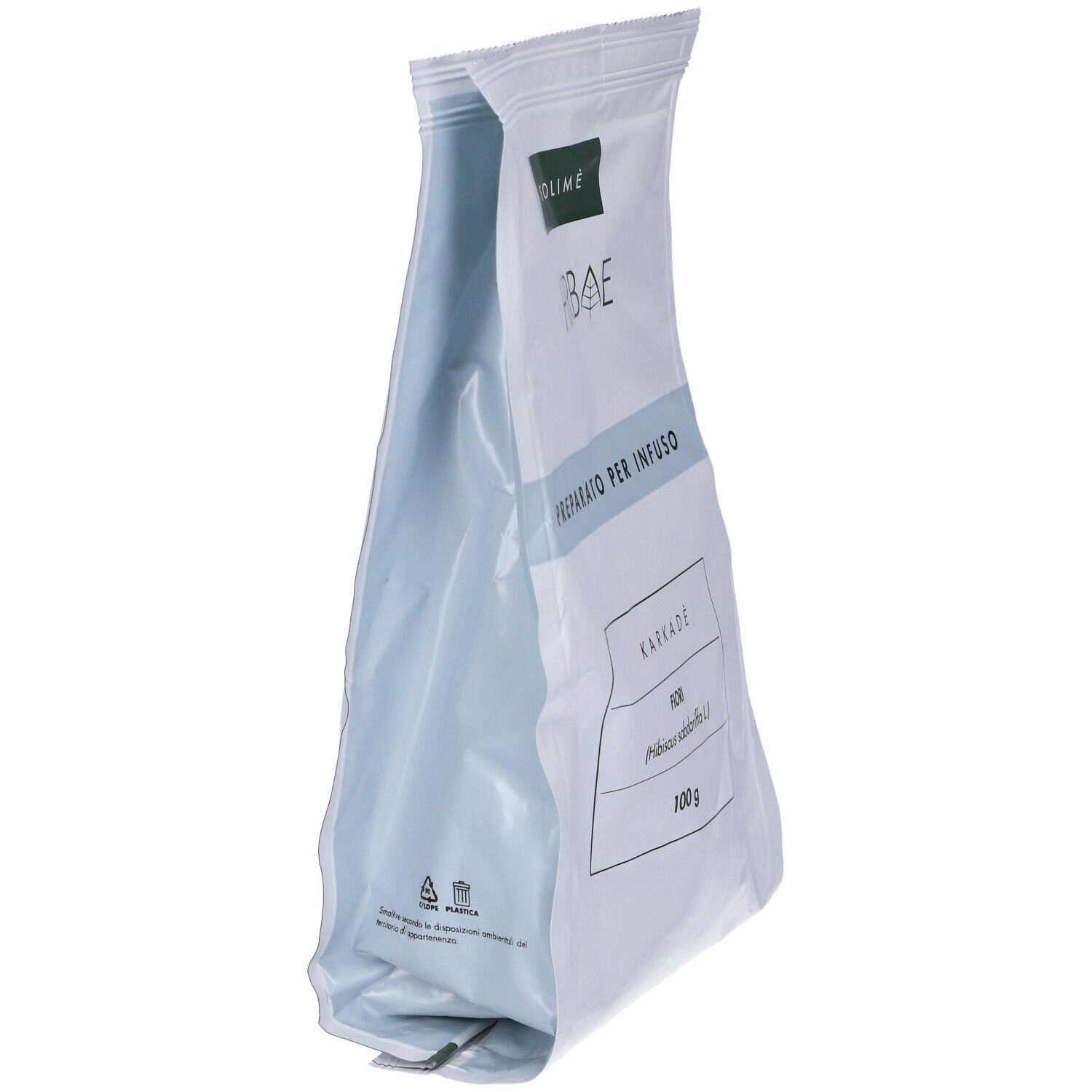 Busta bianca in diagonale. Scritta 'SOLIME HERBAE' e 'PREPARATO PER INFUSO'. Testo: 'KARKADÈ FIORI', '100 g'.