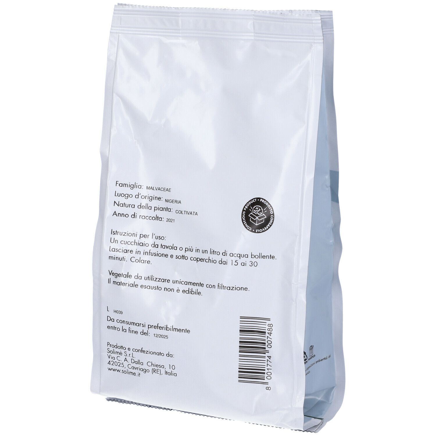 Retro di una busta bianca. Testo: 'Famiglia: MALVACEAE', 'Anno di raccolta: 2021'. Istruzioni per la preparazione.