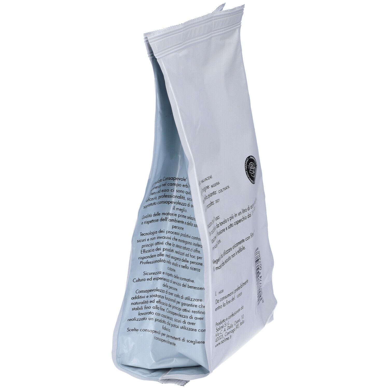 Busta bianca in diagonale. Testo sul retro. Istruzioni e ingredienti.