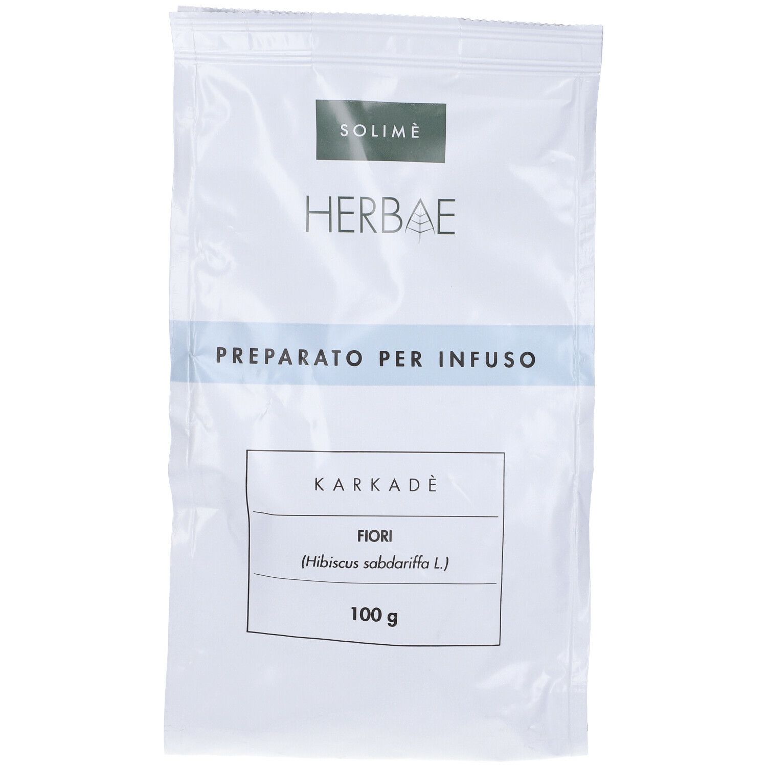 Busta bianca con scritta 'SOLIME HERBAE'. Testo: 'PREPARATO PER INFUSO', 'KARKADÈ FIORI', '100 g'.