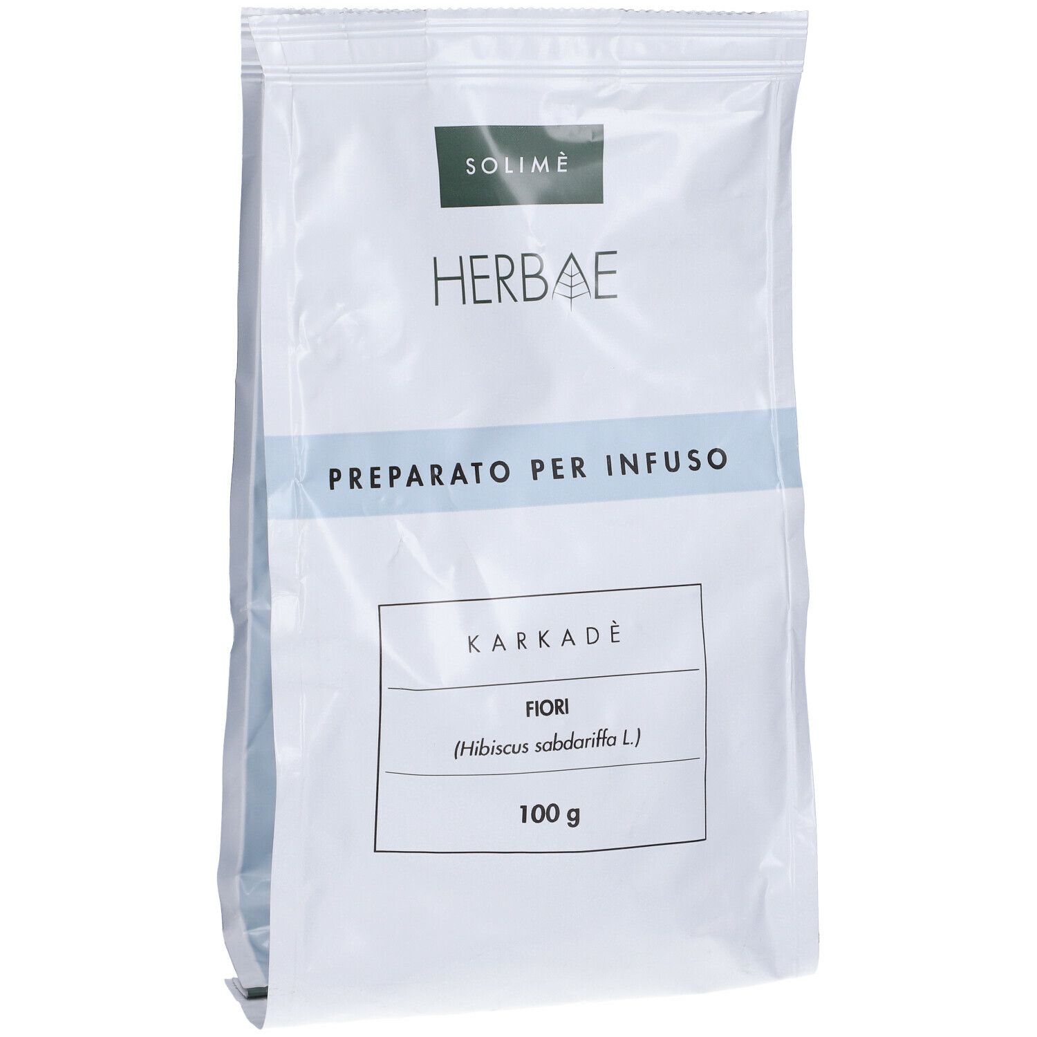 Busta bianca con scritta 'SOLIME HERBAE'. Testo: 'PREPARATO PER INFUSO', 'KARKADÈ FIORI', '100 g'.