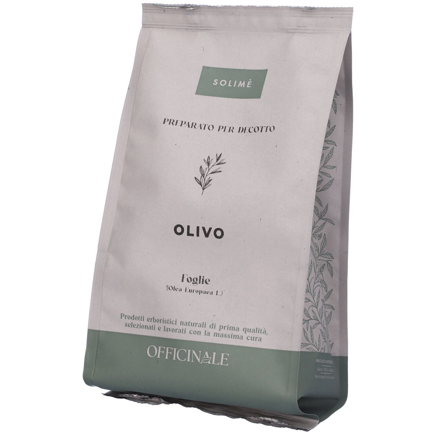 Busta Olivo, foglie. Solimè. Testo: Preparato per decotto. Illustrazione ramo.