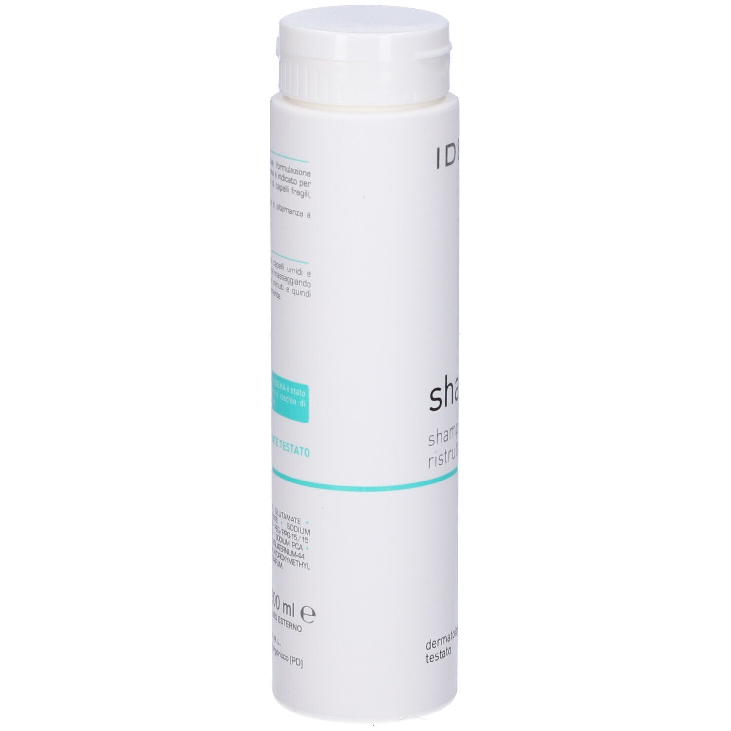 Flacone di shampoo bianco con tappo bianco. Nome del prodotto e testo turchese. Marchio IDEKA.