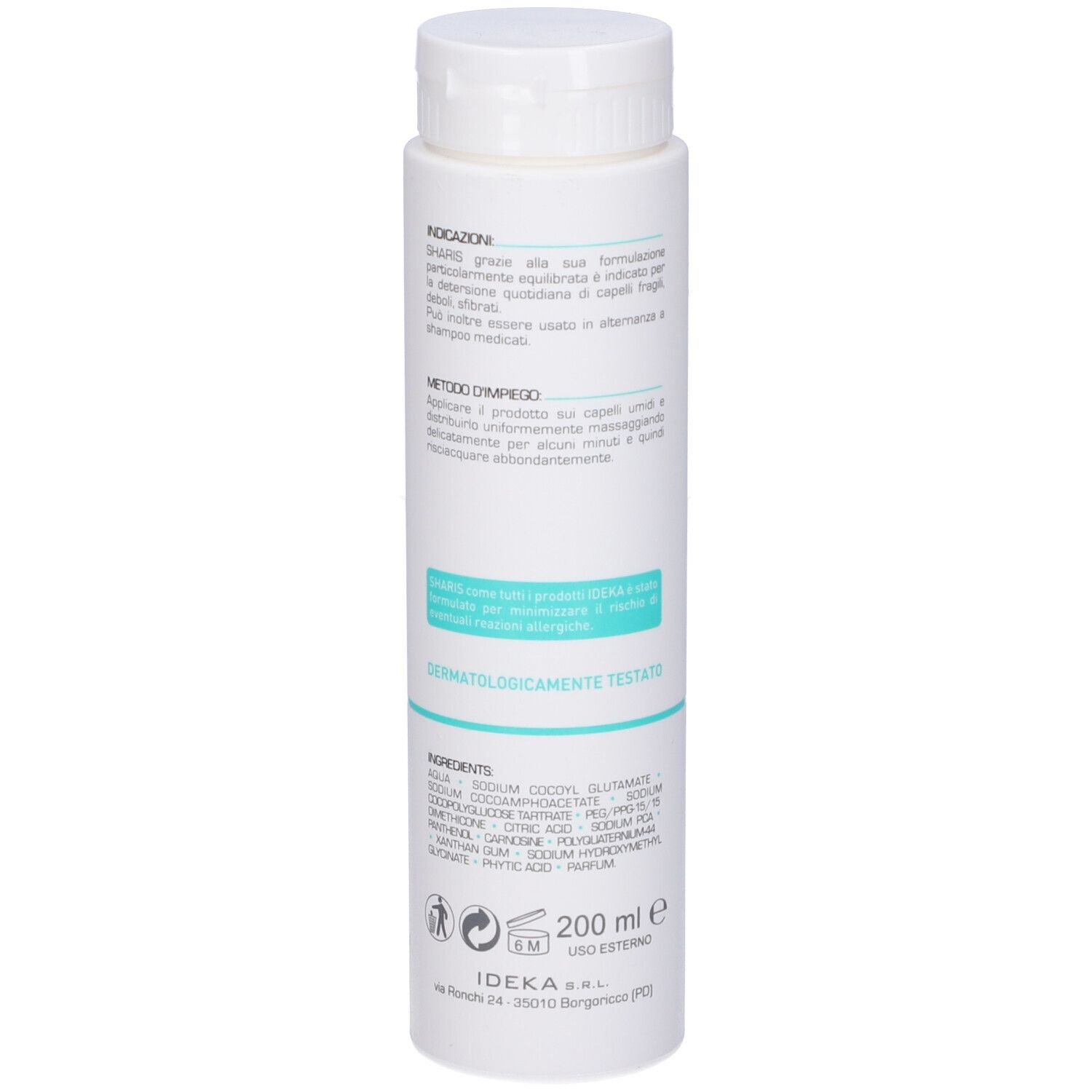 Flacone di shampoo bianco con tappo bianco. Retro con testo e ingredienti. Marchio IDEKA.