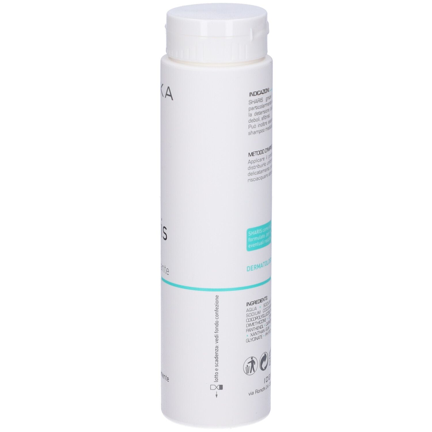 Flacone di shampoo bianco con tappo bianco. Retro con testo e ingredienti. Marchio IDEKA.