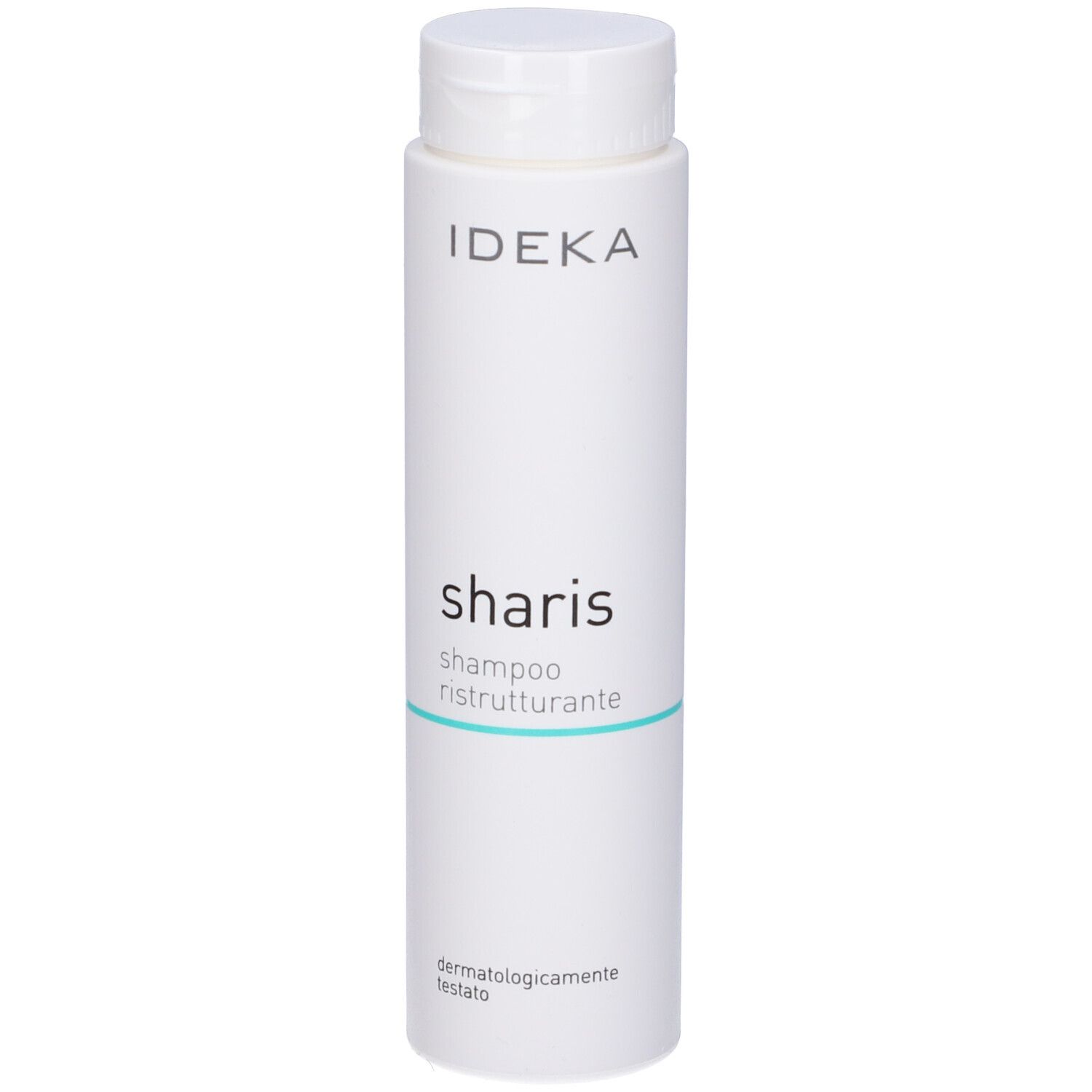 Flacone di shampoo bianco con tappo bianco. Nome del prodotto e testo turchese. Marchio IDEKA.