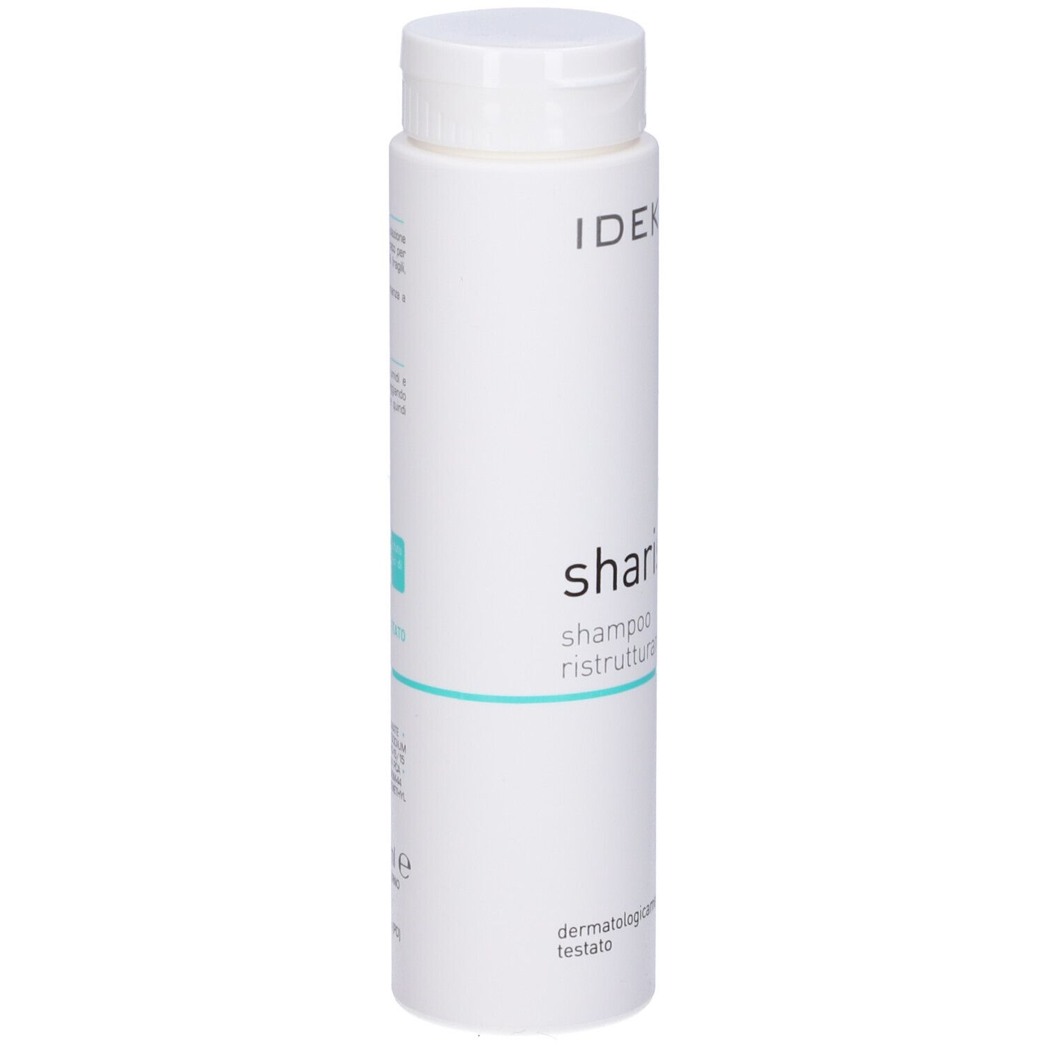 Flacone di shampoo bianco con tappo bianco. Nome del prodotto e testo turchese. Marchio IDEKA.
