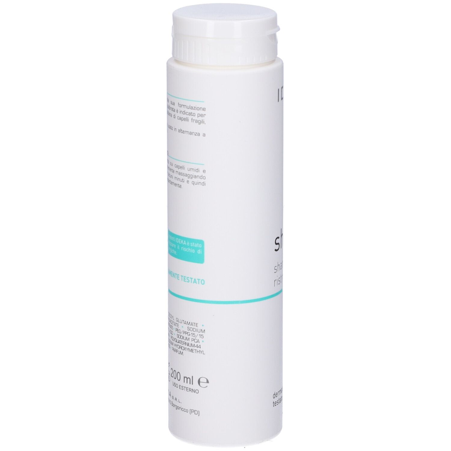 Flacone di shampoo bianco con tappo bianco. Retro con testo e ingredienti. Marchio IDEKA.