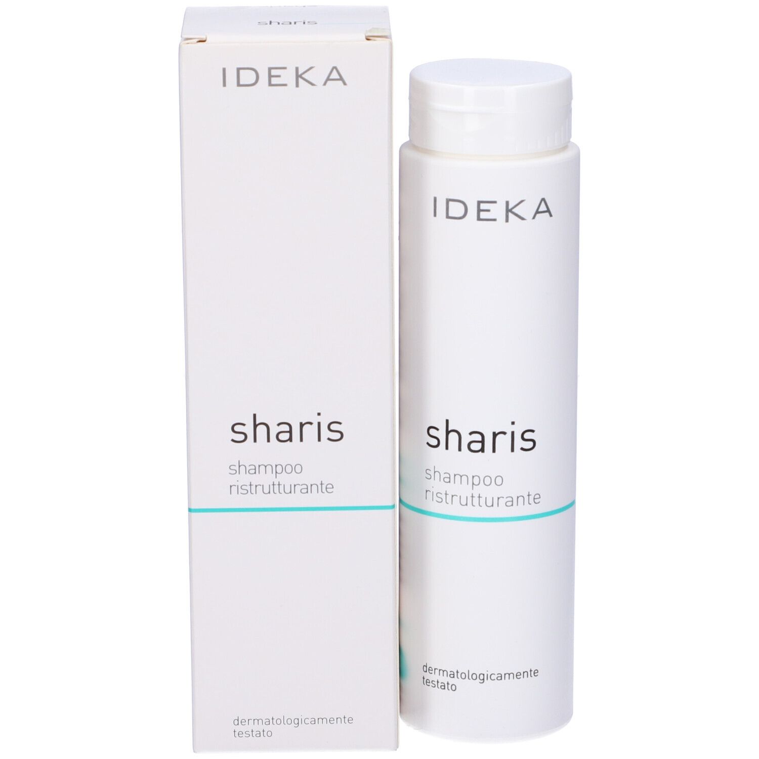 Flacone e scatola di shampoo bianchi. Nome del prodotto e testo turchese. Marchio IDEKA.