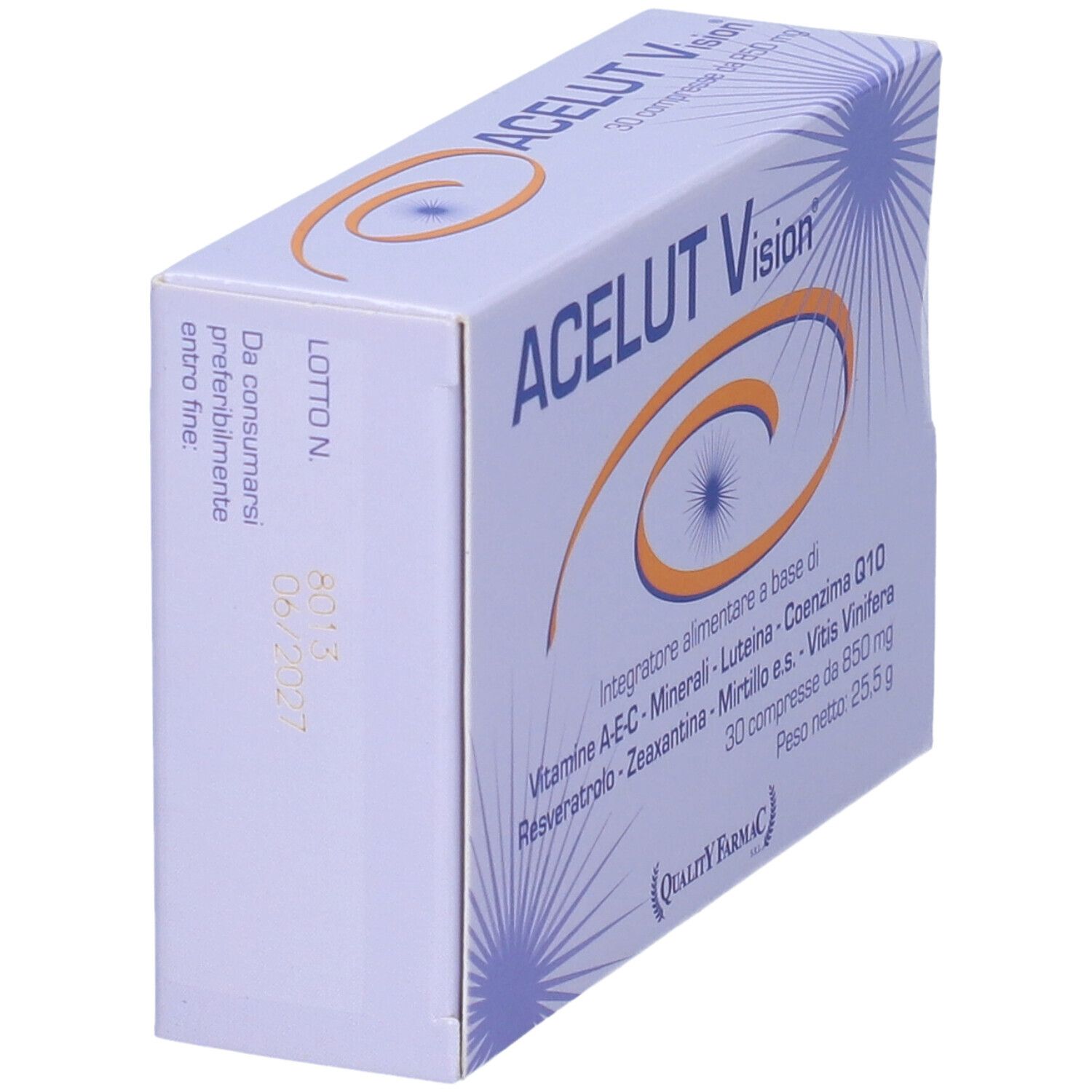 Scatola "ACELUT Vision" in prospettiva. Contiene 30 compresse. Ingredienti e data di scadenza.