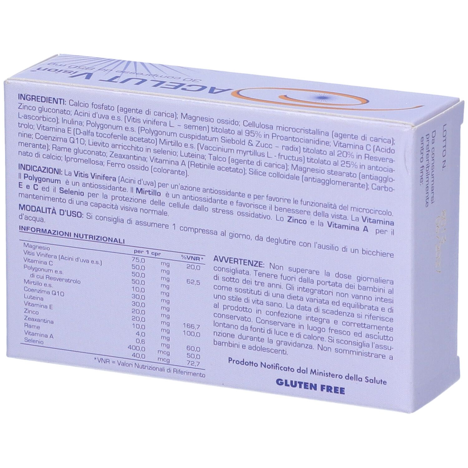 Retro della scatola "ACELUT Vision". Ingredienti, informazioni nutrizionali e avvertenze.