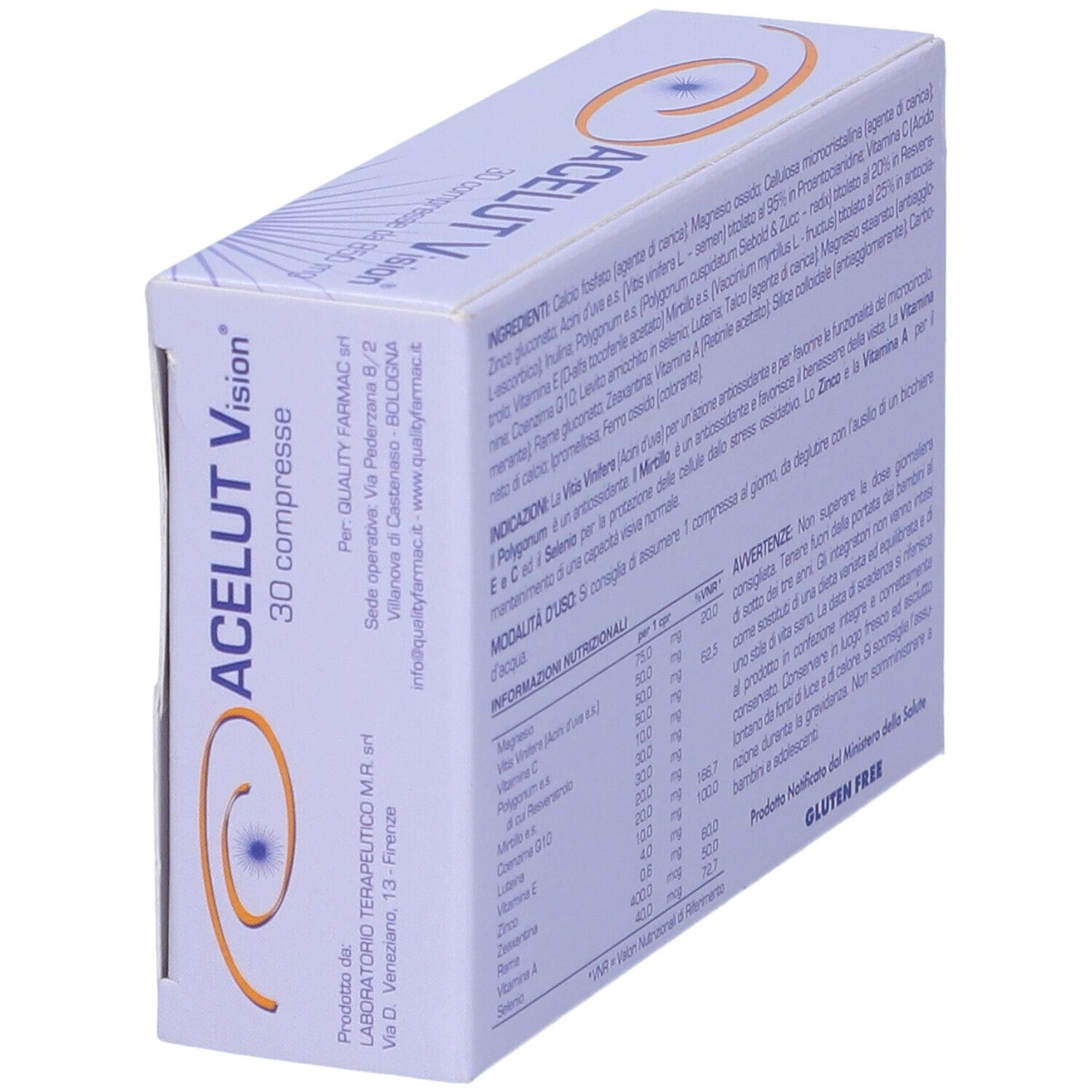 Scatola "ACELUT Vision" in prospettiva. Ingredienti, informazioni nutrizionali e marchio di qualità.