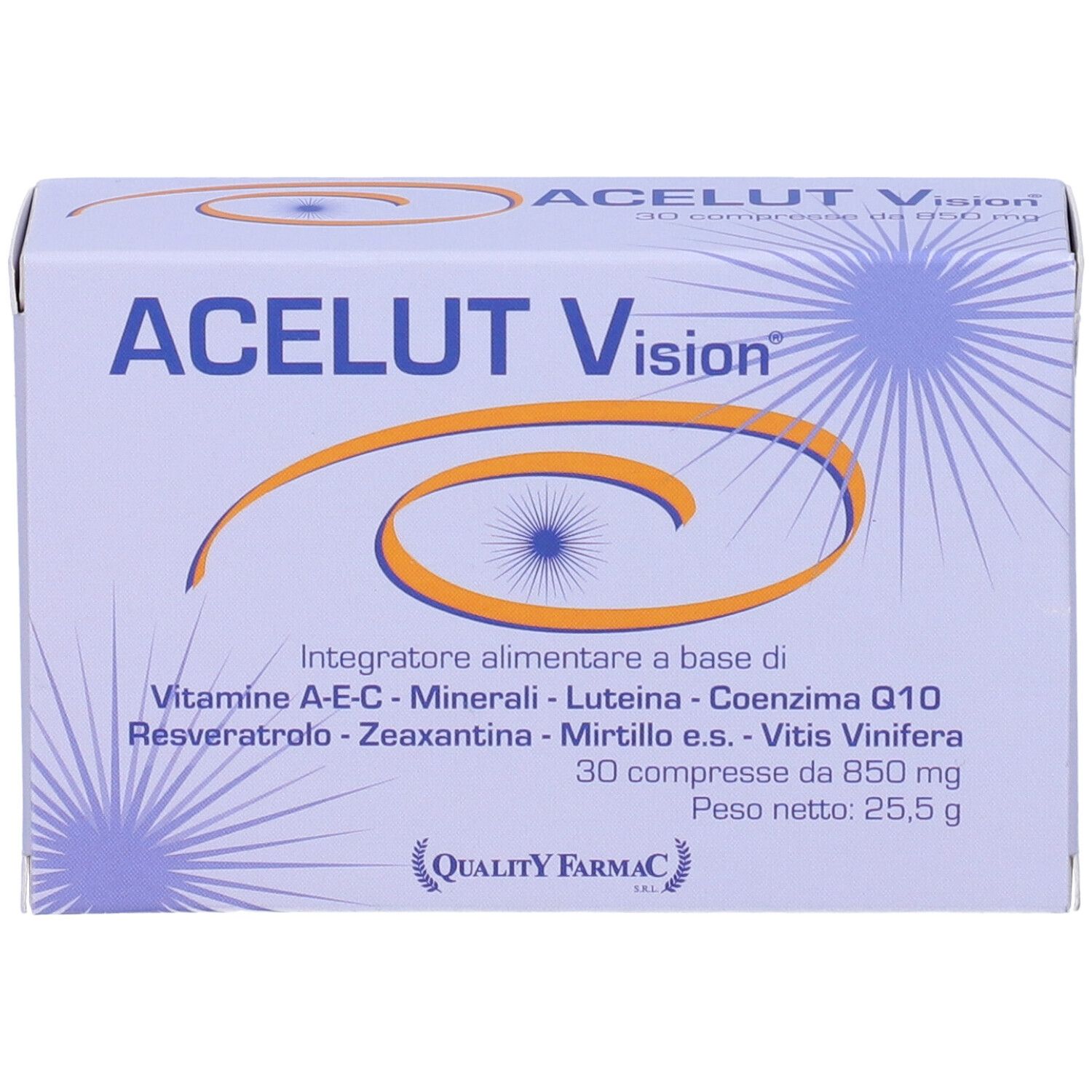 Fronte della scatola "ACELUT Vision". Contiene 30 compresse. Ingredienti e marchio di qualità.