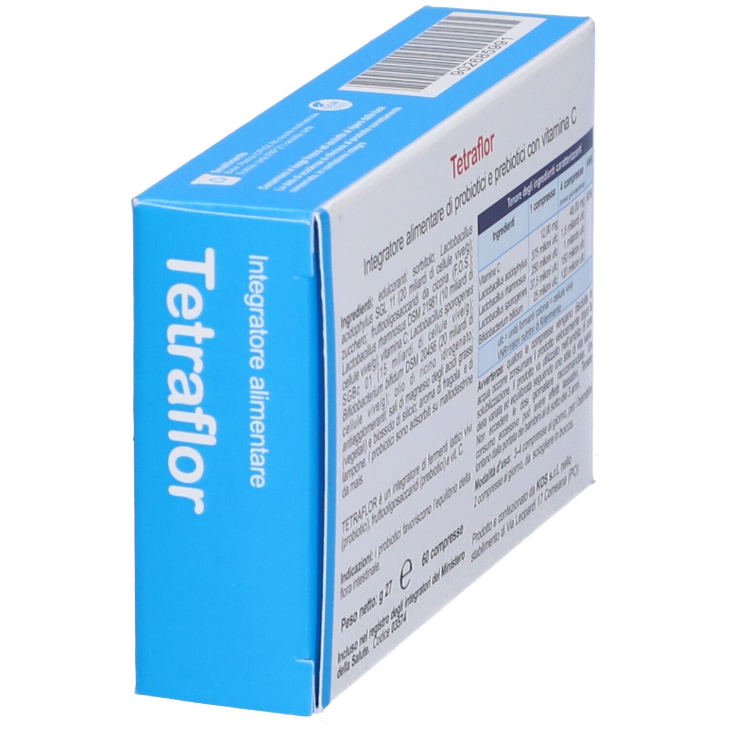 Confezione di KOS Tetraflor Compresse. Scatola blu e bianca con nome e logo del prodotto. 60 compresse. Vista laterale.