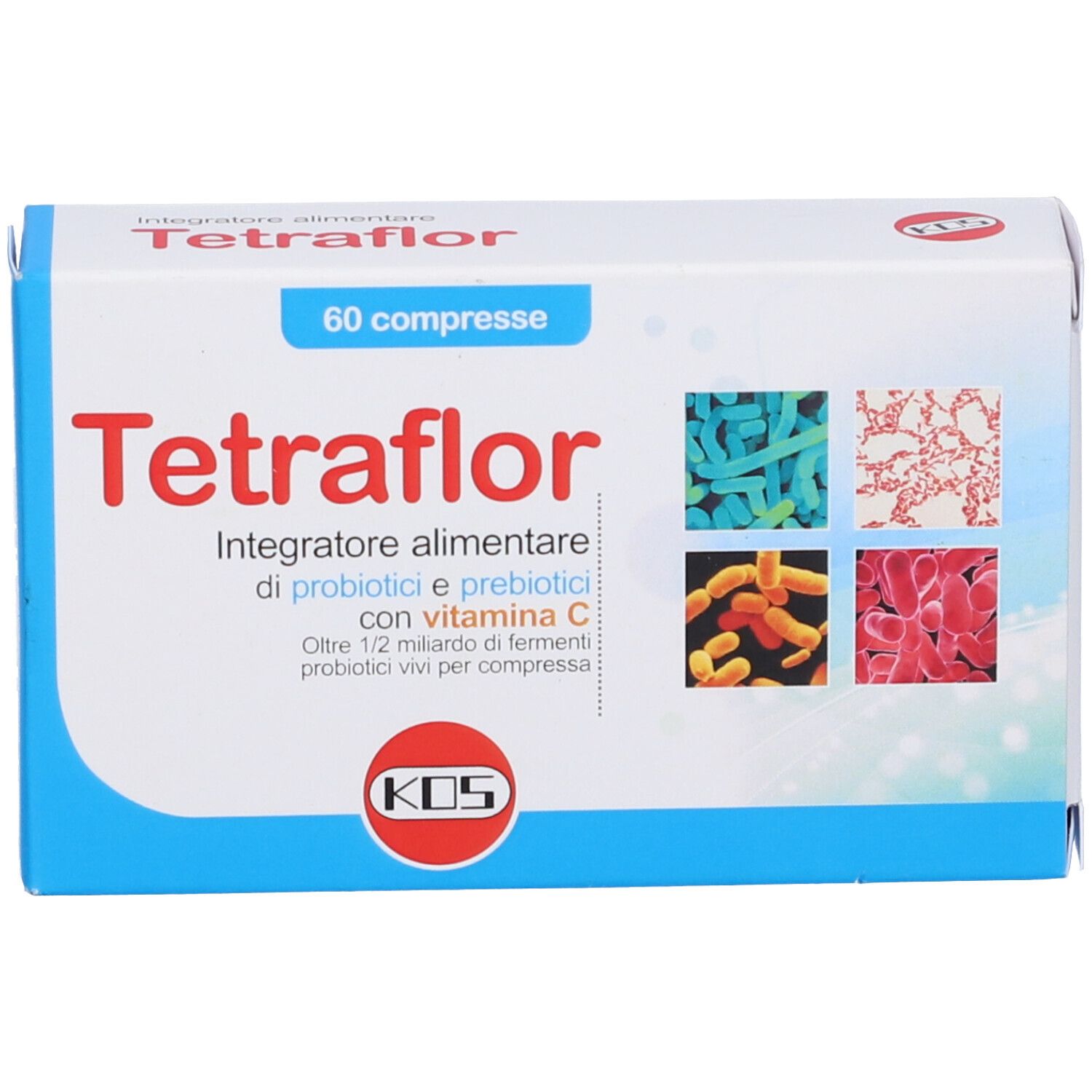 Confezione di KOS Tetraflor Compresse. Scatola bianca con nome e logo del prodotto. 60 compresse. Immagini di batteri.