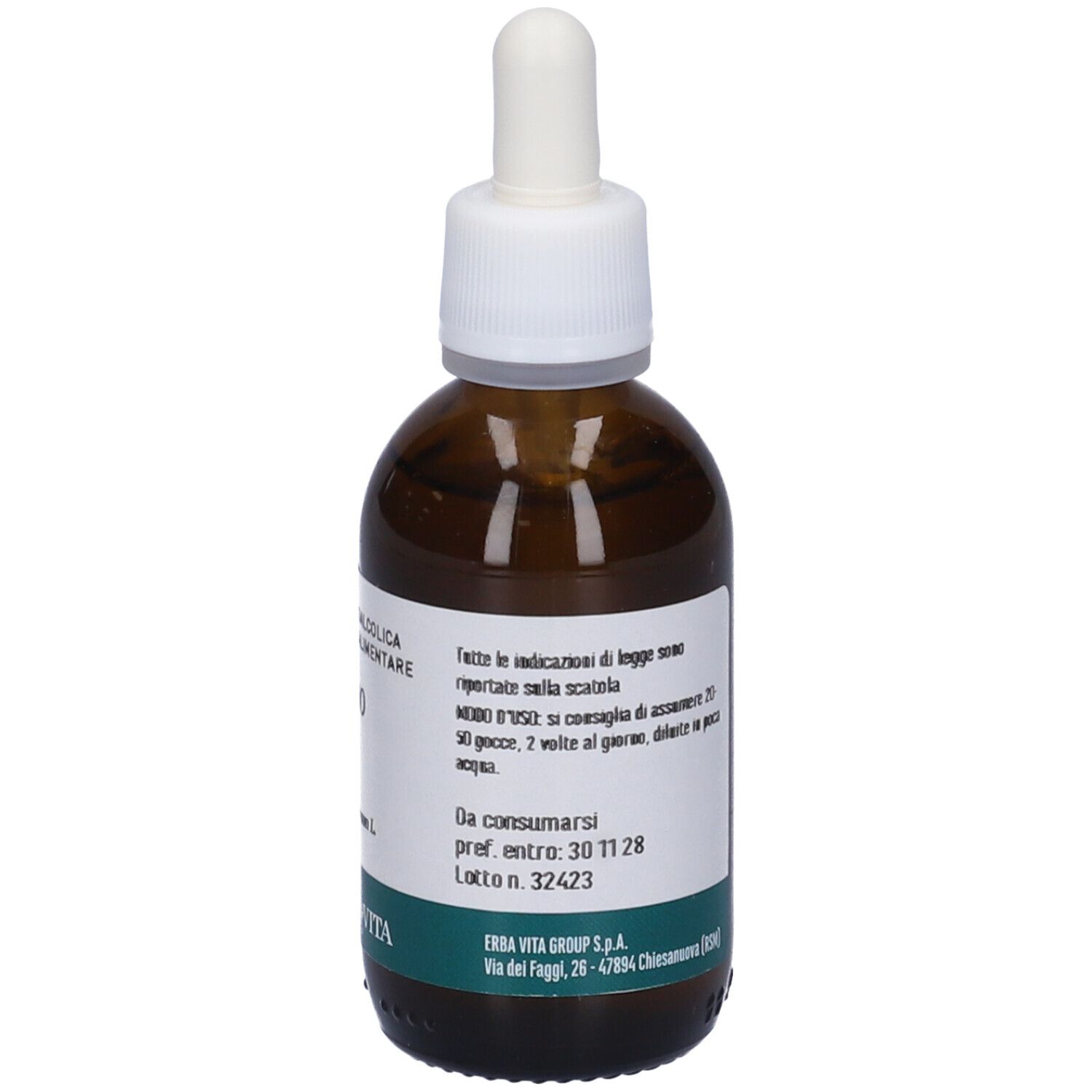 Flacone di vetro marrone con tappo bianco e contagocce. Etichetta con istruzioni per il dosaggio. Marchio Erba Vita.