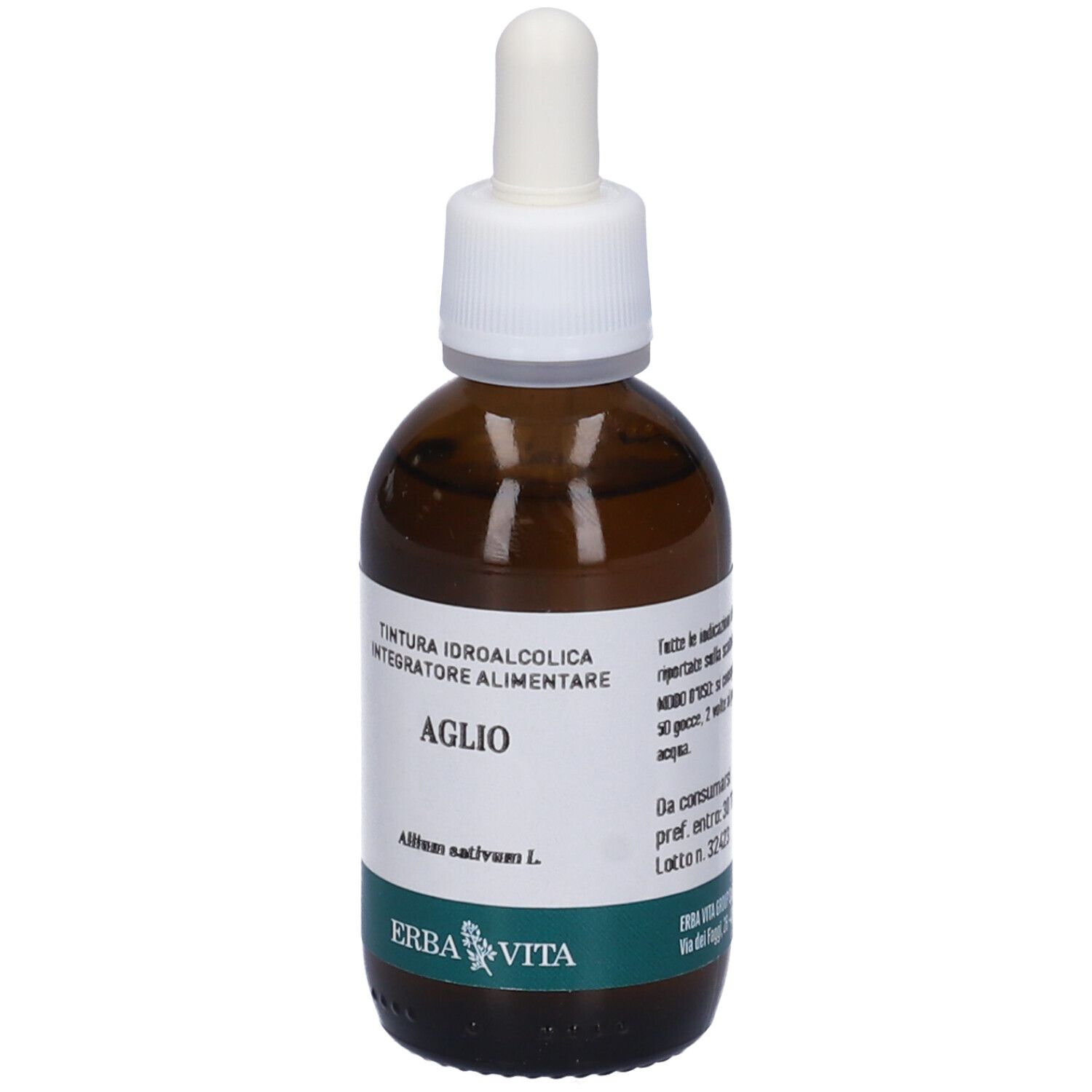 Flacone di vetro marrone con tappo bianco e contagocce. Etichetta con testo: Aglio, Erba Vita. Striscia verde in basso.