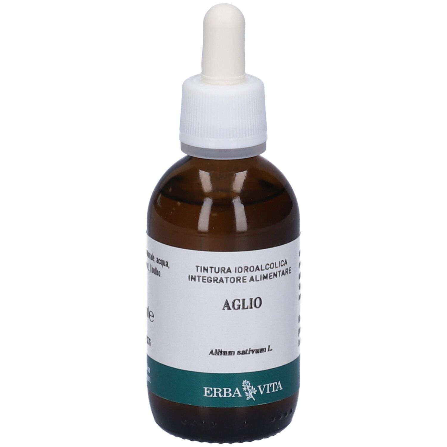 Flacone di vetro marrone con tappo bianco e contagocce. Etichetta con testo: Aglio, Erba Vita. Striscia verde in basso.