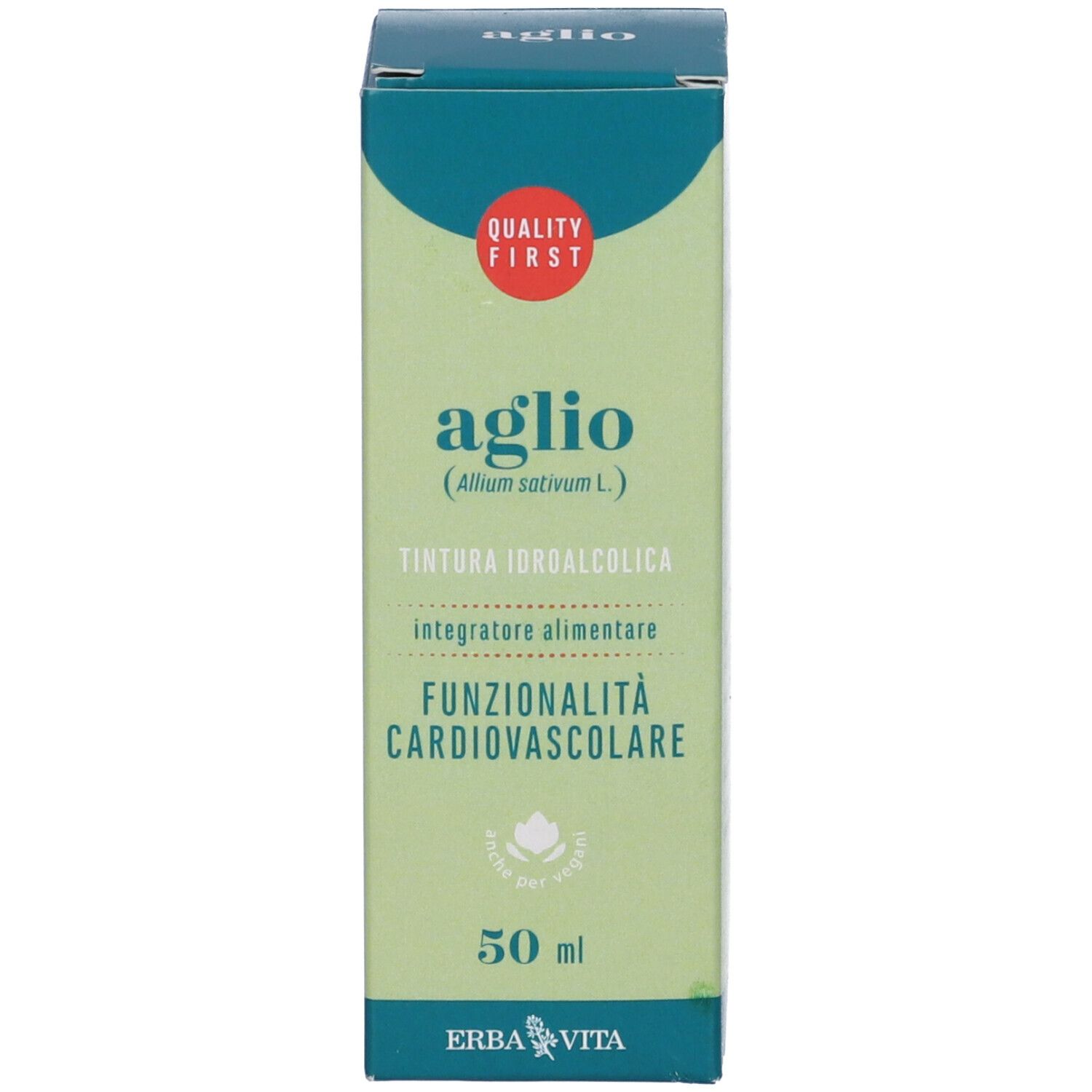 Confezione verde. Testo: Aglio, Funzionalità cardiovascolare, 50 ml. Marchio Erba Vita. Cerchio rosso.