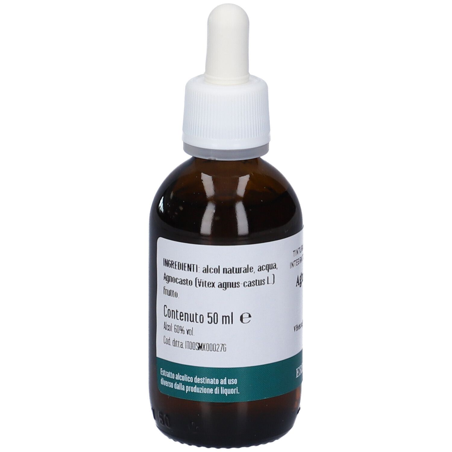 Flacone Agnocasto con contagocce. Vetro marrone, tappo bianco. Etichetta con ingredienti e logo Erba Vita.