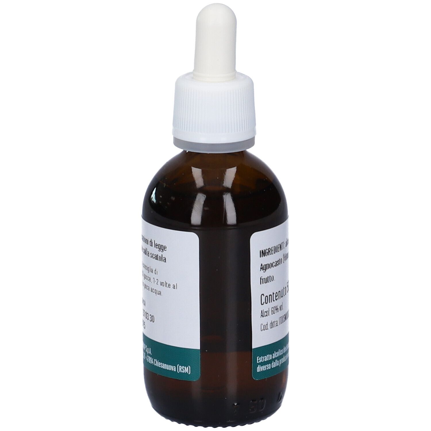 Flacone Agnocasto con contagocce. Vetro marrone, tappo bianco. Etichetta con ingredienti e logo Erba Vita.